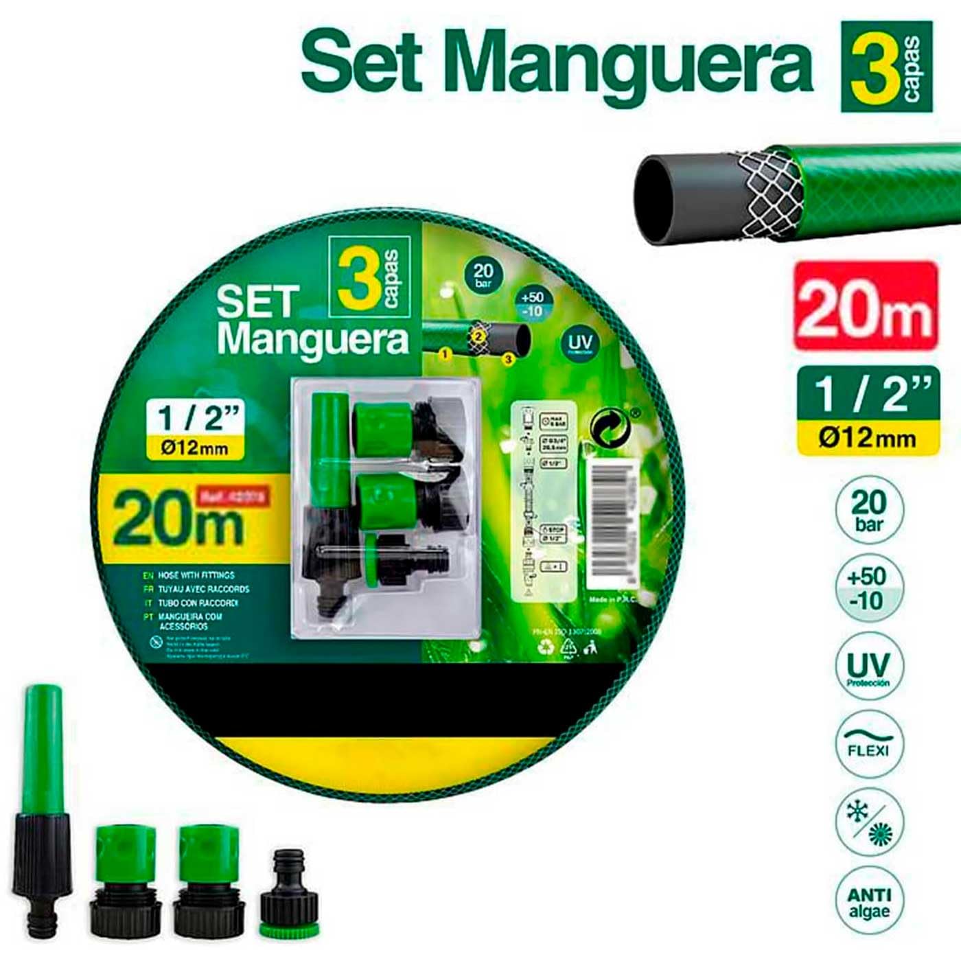 Tradineur - Manguera flexible de riego con accesorios, 3 capas, regar jardín, huerto, coche, labores agrícolas, 20 bar, Ø12 mm, 20 m