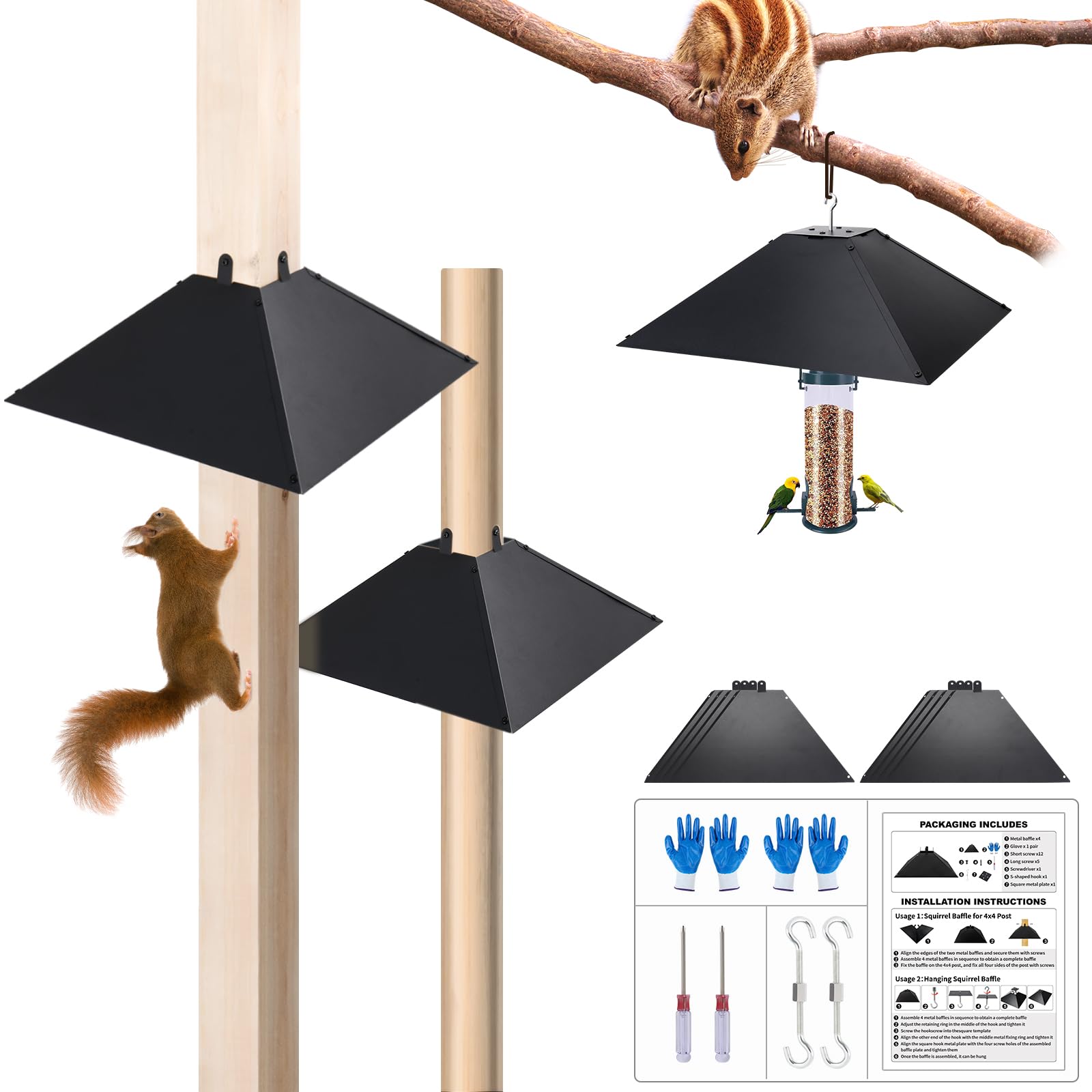 BULFULL Metal Squirrel Baffle for 4x4 Post or Hanging, 2-in-1 Outdoor Wooden Pole Mount Squirrel Guards for Bird Feeder Pole, 17 Inch Hanging Baffle Feeders to Deter Squirrels or Small Animals - 2PC