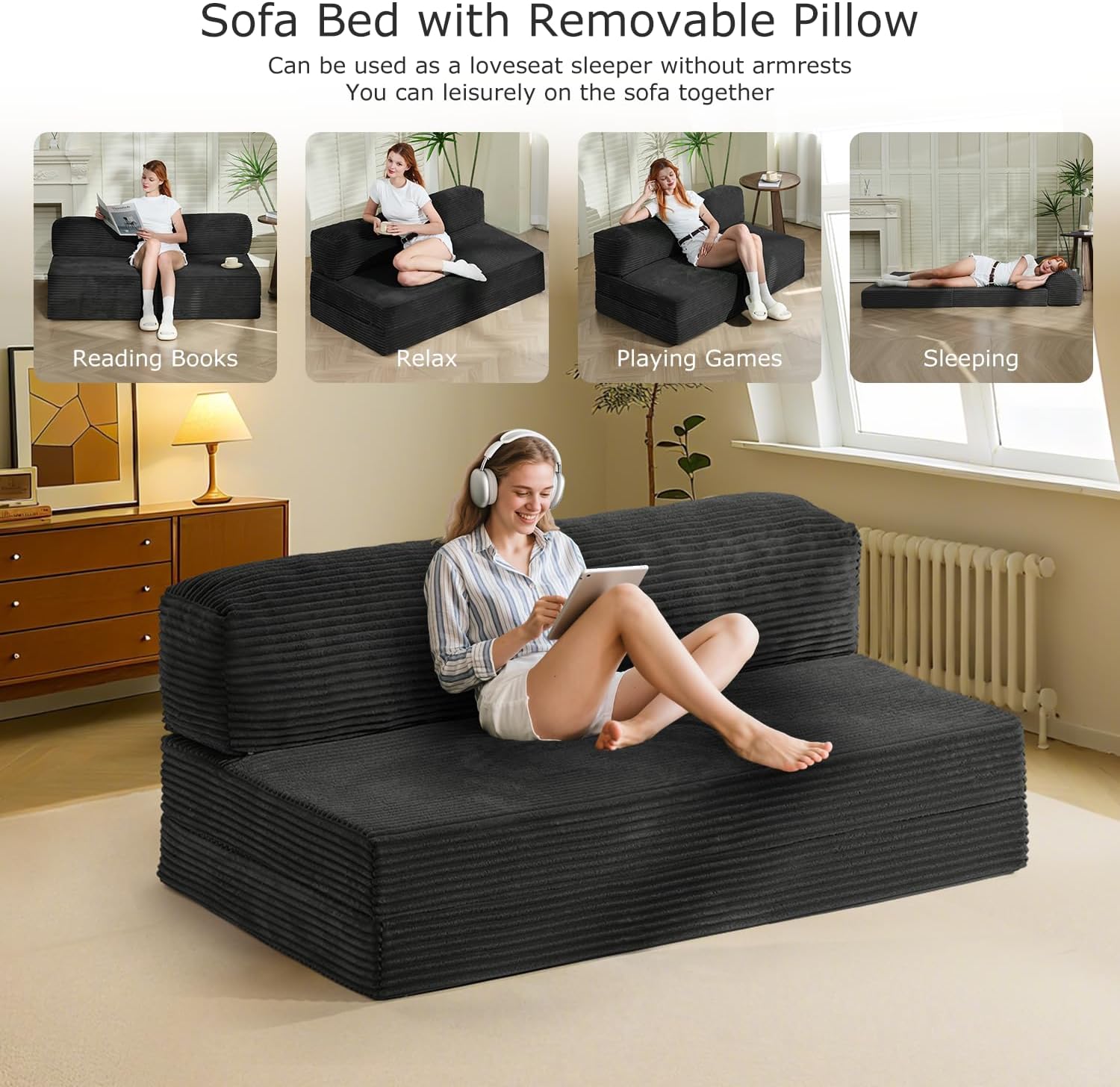 Folding Futon Sofa Bed Full Size, 6 inch Convertible Floor Couch Bed with Removable Corduroy Cover, Pull Out Couch for Small Spaces High-Density Foam,Black