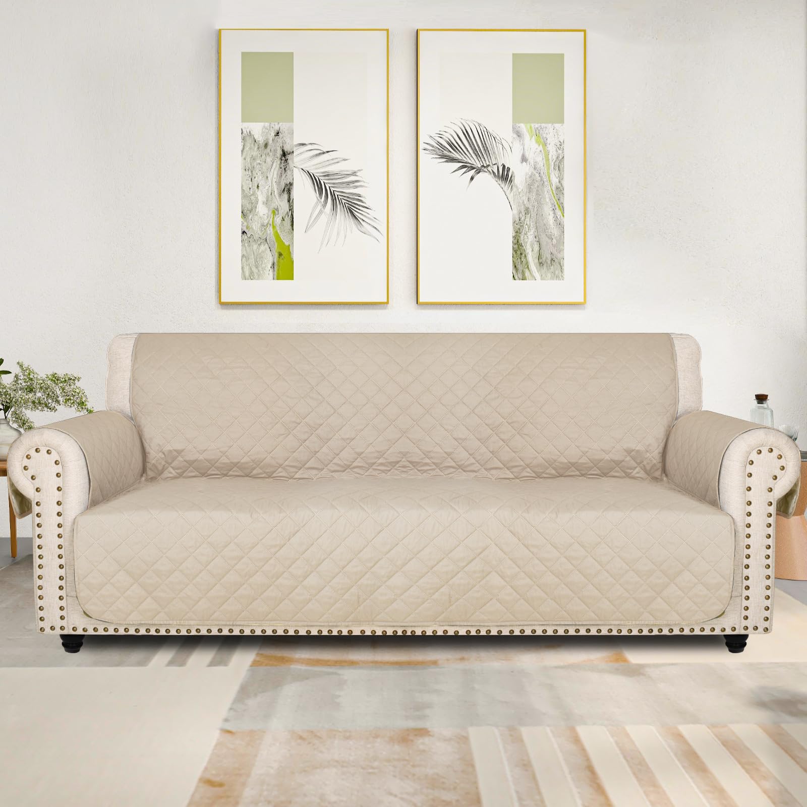 Quilted Waterproof Sofa Cover | Anti-Slip & Side Pockets | Furniture Protector | High Durable for Living Room | Full Coverage Solid Cover for 3 Seater - Beige-image-47