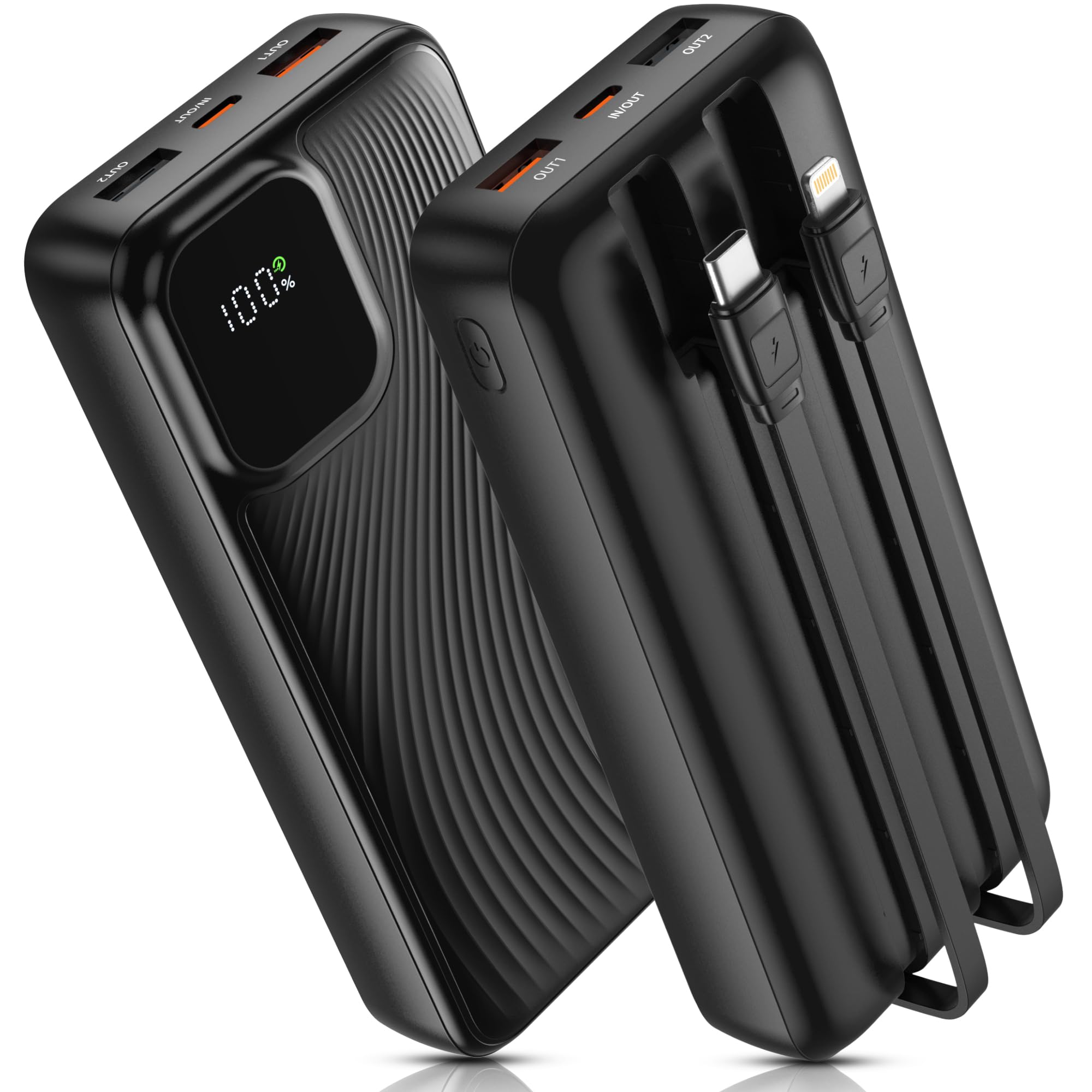 Portable Charger Power Bank 27000mAh Fast Charging with Built in Cable Battery Pack, 5 Outputs 2 Inputs with LED Display Compatible with iPhone Samsung Smartphones Tablets(1 Pack)