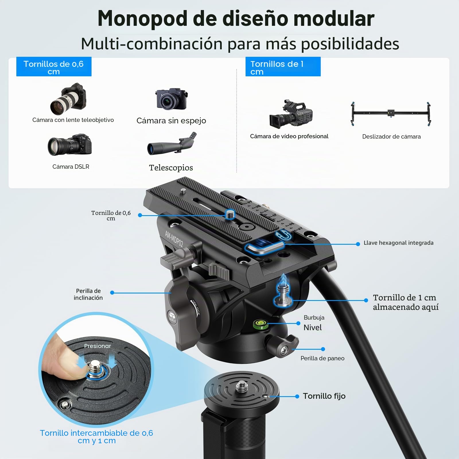 SIRUI 188cm Monopié de Cámara con Pies, Monopié de Viaje de Aluminio con Base de Trípode, Monopié de Vídeo Ligero con Cabeza de Fluido para Videocámara, Carga Máx. 8kg - AM-MDP02