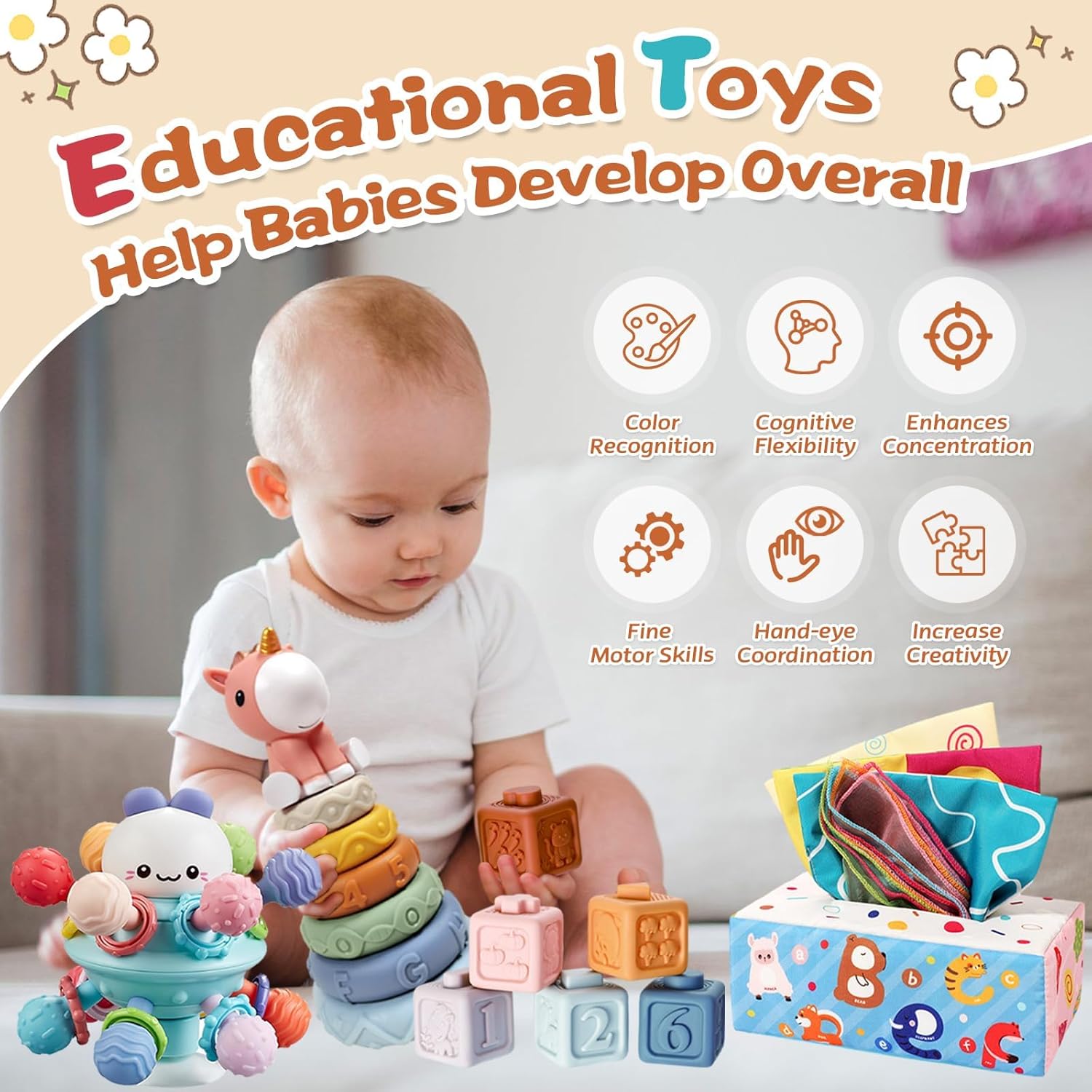 Montessori Toys for 6-12 Months, 4 in 1 Baby Toys for 6 Month Old | Soft Stacking Blocks, Baby Tissue Toy, Teething Toy, Fine Motor & Cognitive Skills, Montessori Toys for Babies 6-12-18 Months