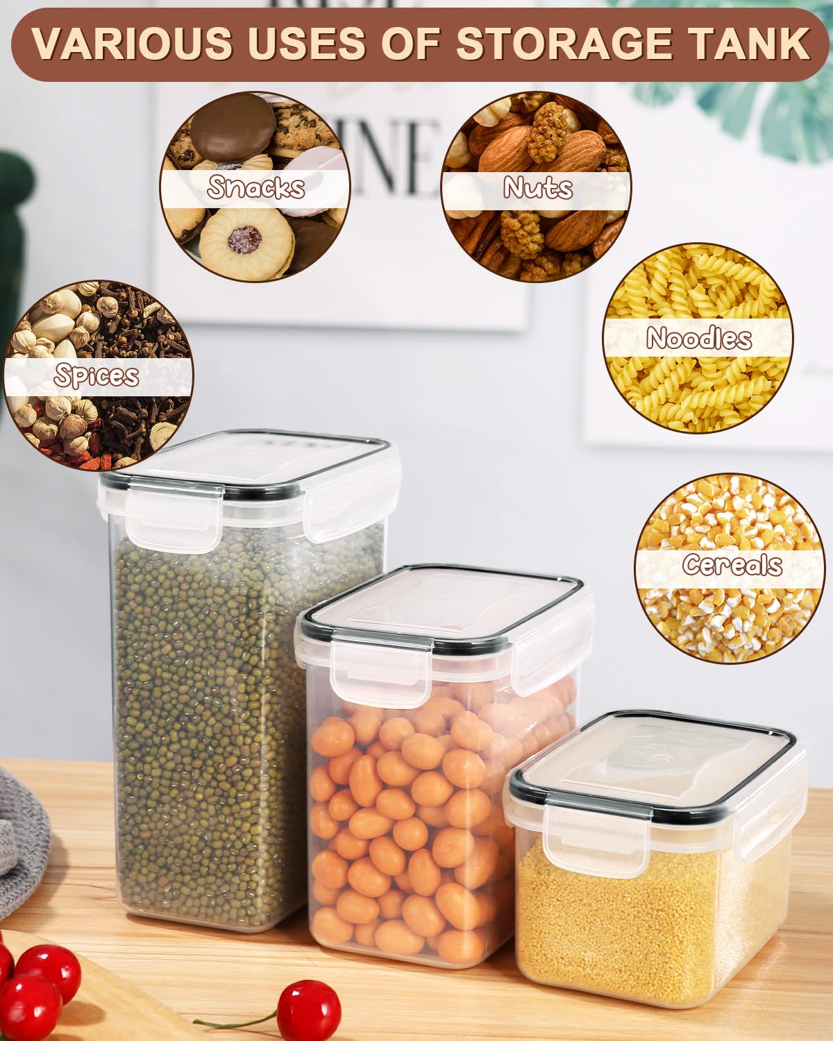 heuchaey Set di 24 Contenitori per Ermetici Alimenti,Contenitori Plastica con Coperchio,Spazzole,Etichette e cucchiai,Barattoli Ermetici per Cereali,Muesli,Pasta (2L 1.4L 0.8L