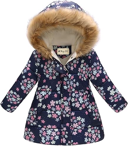 Miss Bei Abrigo de invierno para niña, chaqueta con capucha para niña pequeña, estampado de flores, parka para exteriores, chaqueta de algodón