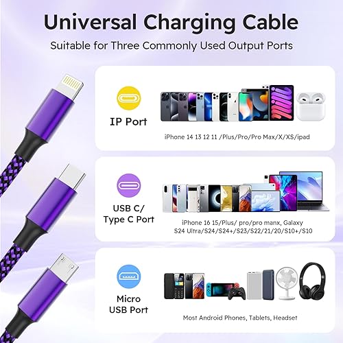 Miniatura 10 de Cable de carga trenzado 4 en 1, cargador de iPhone de 100 W, cable de carga rápida USB AC a CLightning múltiple, cargadores universales para