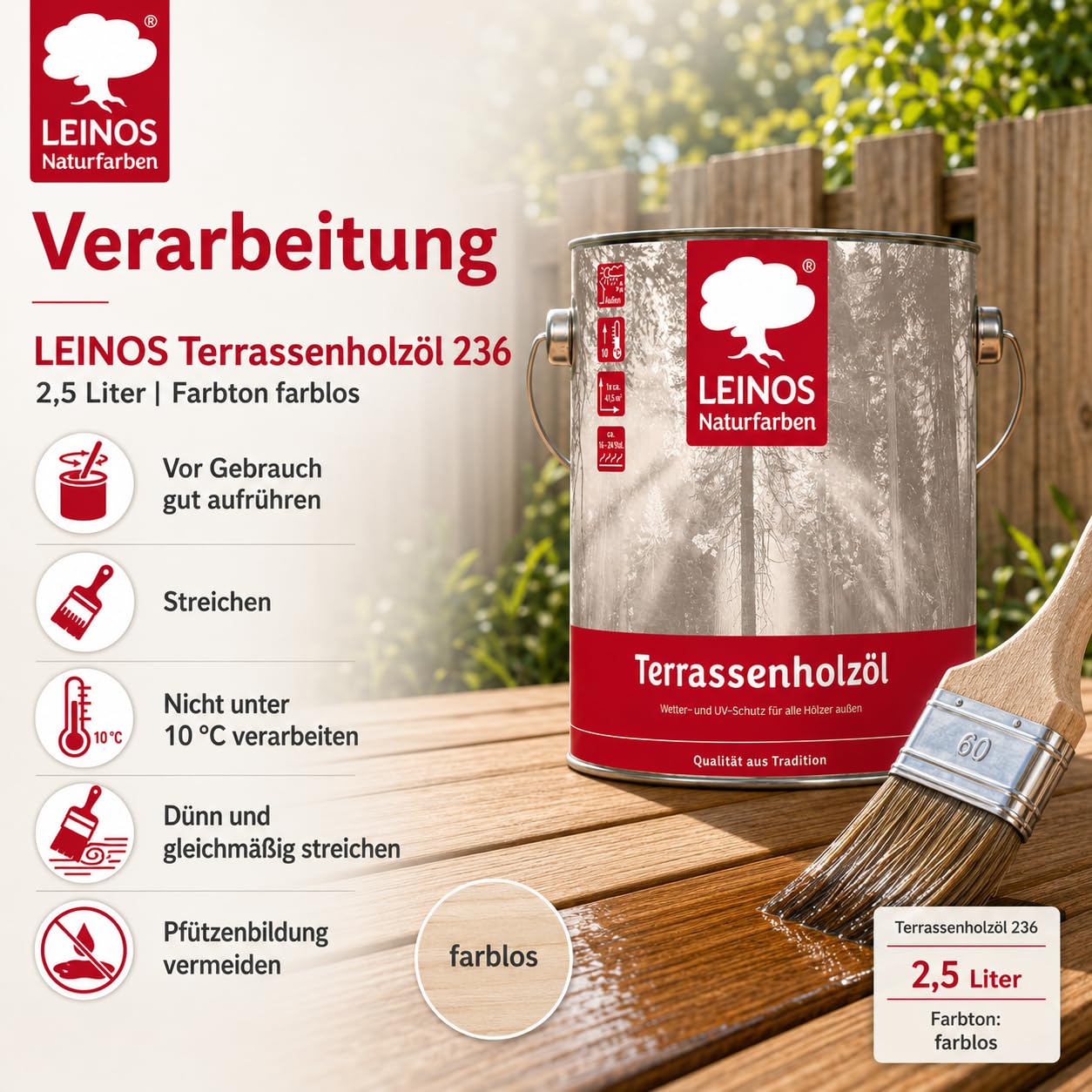 LEINOS Terrassenholzöl 236 | 2,5 Liter | Hochwertiges Holzöl für außen | Für Terrassen, Zäune, Kinderspielgeräte | Farbton: farblos | Tiefer Holzschutz & leichte Anwendung