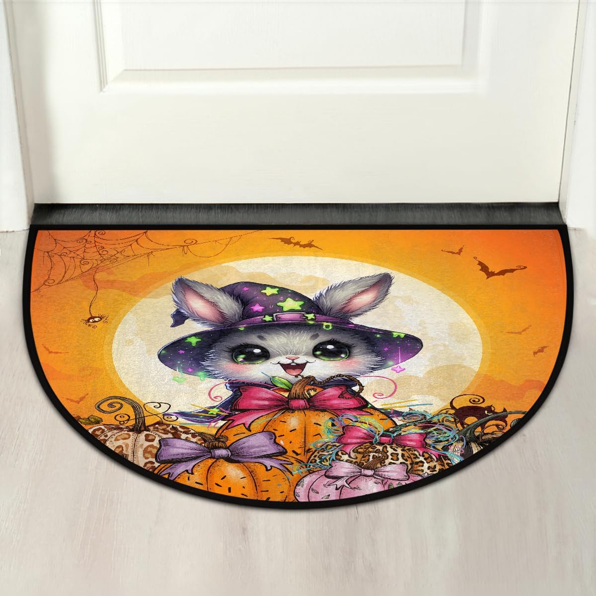 cat Pumpkin Spider Halloween Half Round Door Mat Non Slip Washable Semi Circle Area Rug Absorbent Soft Half Moon Rug Floor Mat for Indoor Outdoor Kitchen Bathroom Patio Front Door Mat Decor