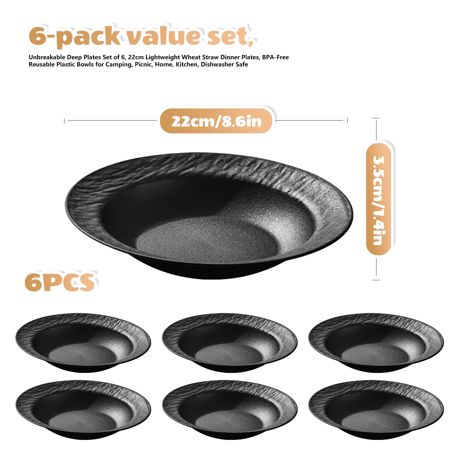 SUNOYA Set di 6 piatti per pasta, piatti fondi, in plastica, grandi e profondi, riutilizzabili, bianchi rotondi, piatti fondi per camper, feste, picnic, campeggio (nero)