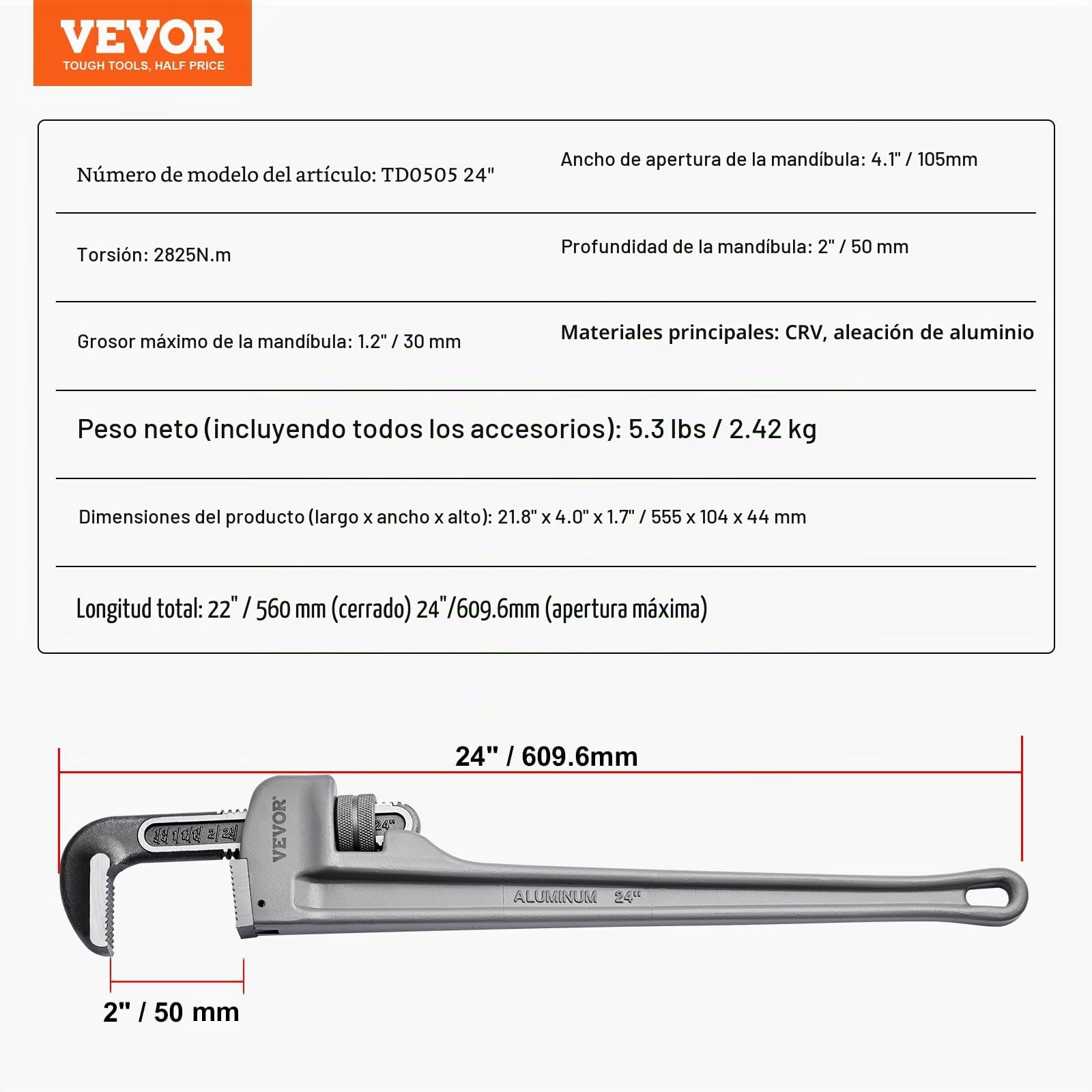 VEVOR Llave para Tubo Recto de Aluminio 61 cm Llave para Plomería Ajustable Mandíbula de Alta Resistencia Mango Ergonómico Fácil de Transportar para Tuberías de Agua Reparaciones de Automóviles
