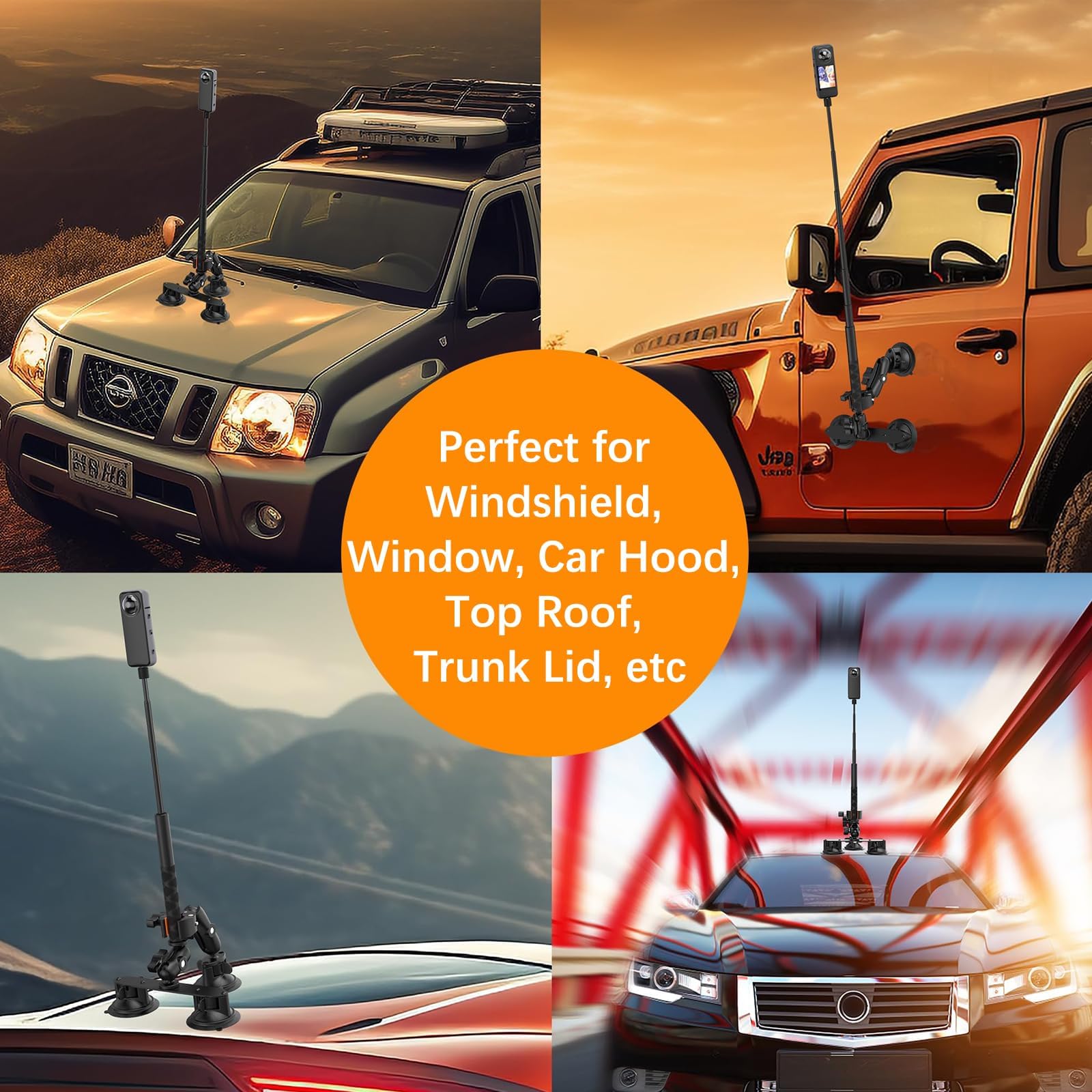 UNSTINCER Action Kamera Auto Halterung mit 3 Saugnapf und Selfie Stick | Car Camera Mount für Gopro Insta360 X5 X4 DJI Osmo, Cam Suction Cup Autohalterung für KFZ PKW Fenster Motorhaube, mit Klemme