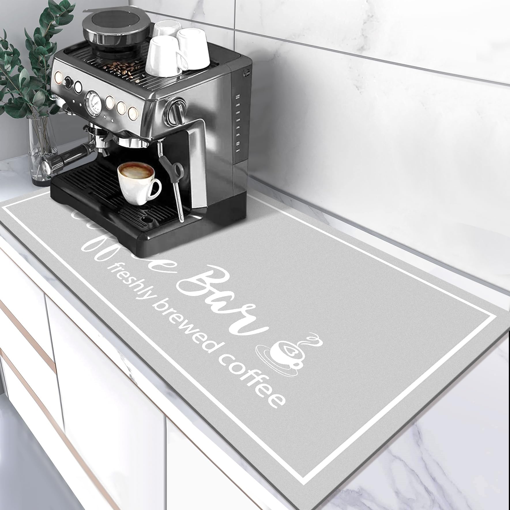 Findosom 17"x 32" Dish Drying Mat, Super Absorbent & Cuttable Coffee Mat, Hide Stain Bar Mat for Kitchen Counter, Coffee Bar Accessories, LightGrey