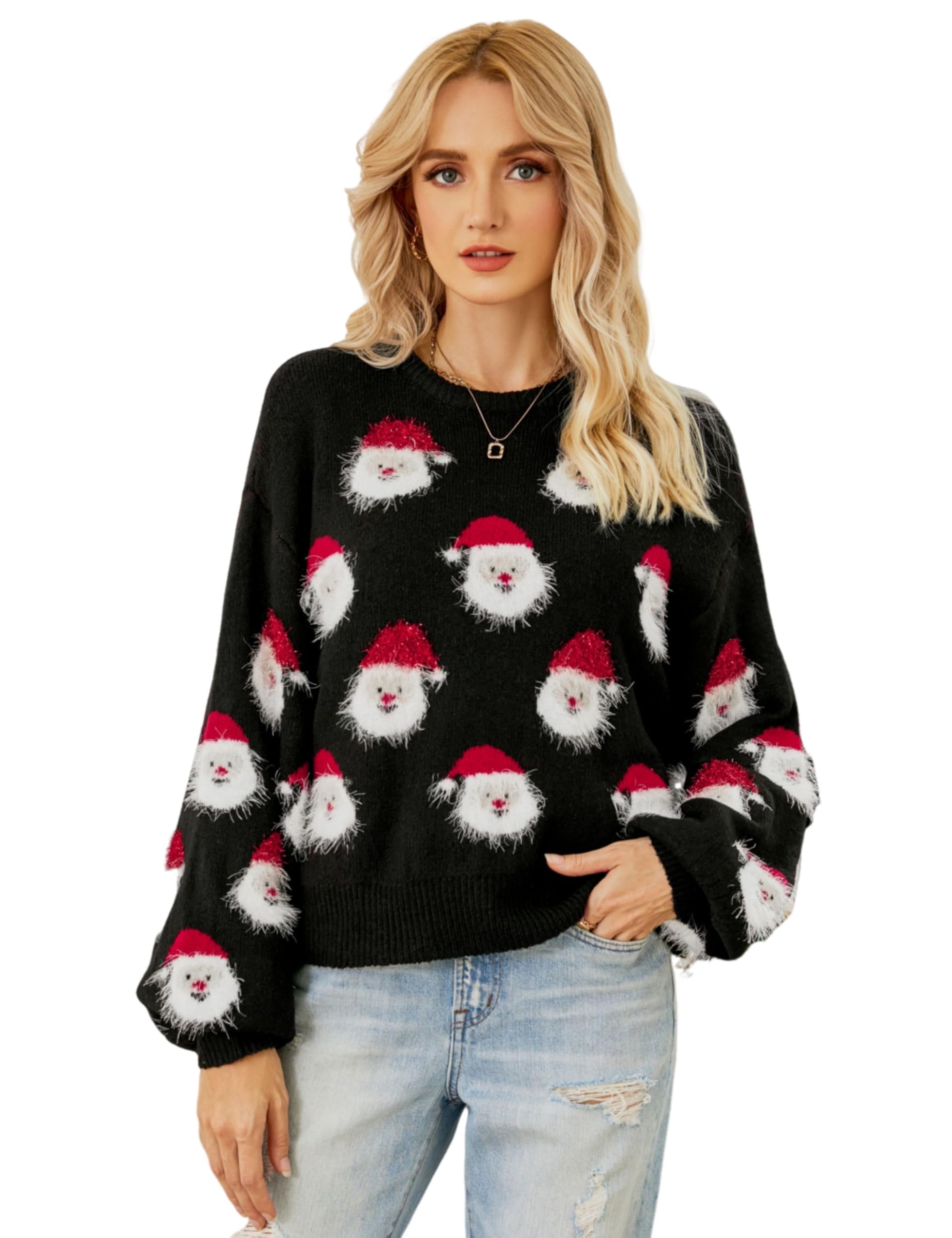 Ugly Christmas Sweater Women Funny Santa Xmas Cute Snowflake Holiday Party Knitted Pullover Tops Black-XL
