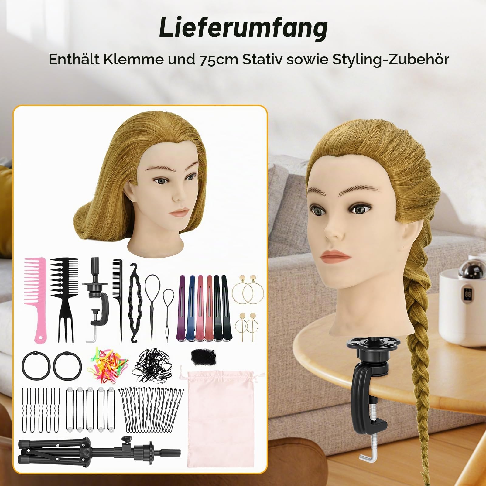 Frisierkopf Echthaar mit Stativ, Trainingskopf mit 90% Echthaar 61cm/24inch, Schaufensterpuppe Kopf Übungskopf, Frisieren Kosmetologie Puppe Kopf mit Tischklemme Halter und Friseur-Werkzeug-Set