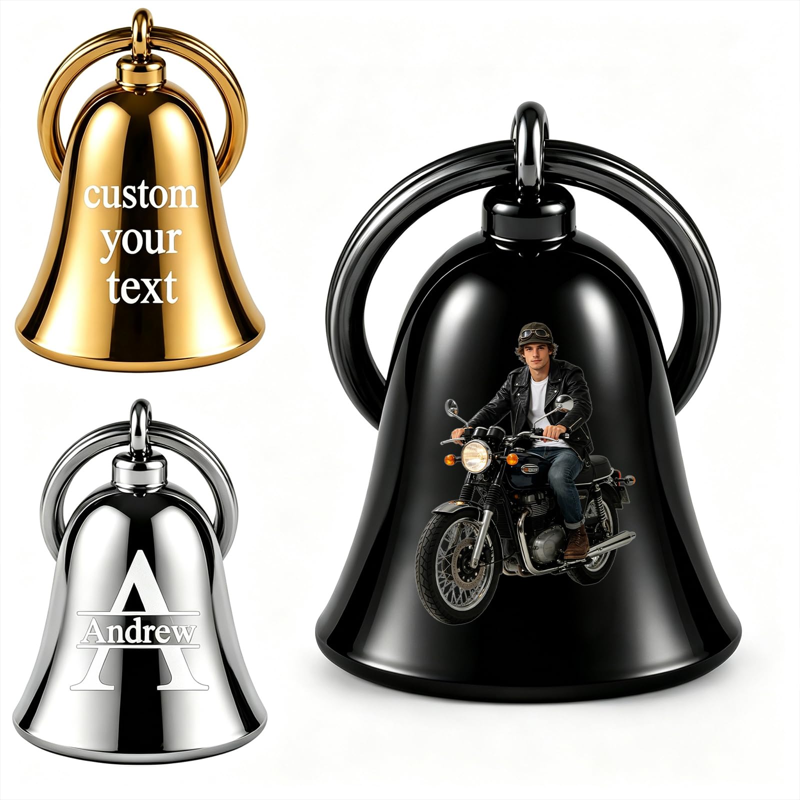 Personalized Motorcycle Bell, Custom Engraved Guardian Bell with Photo Text, Double-Sided Stainless Steel Biker Gifts for Men, Father's Day &amp; Birthdays