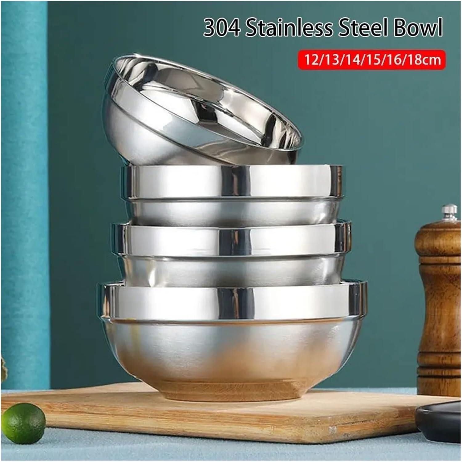 Stainless Steel Mixing Bowl Stainless Steel Anti Scalding Bowls Double-layer Thickened Soup Rice Canteen Bowl(12cm)