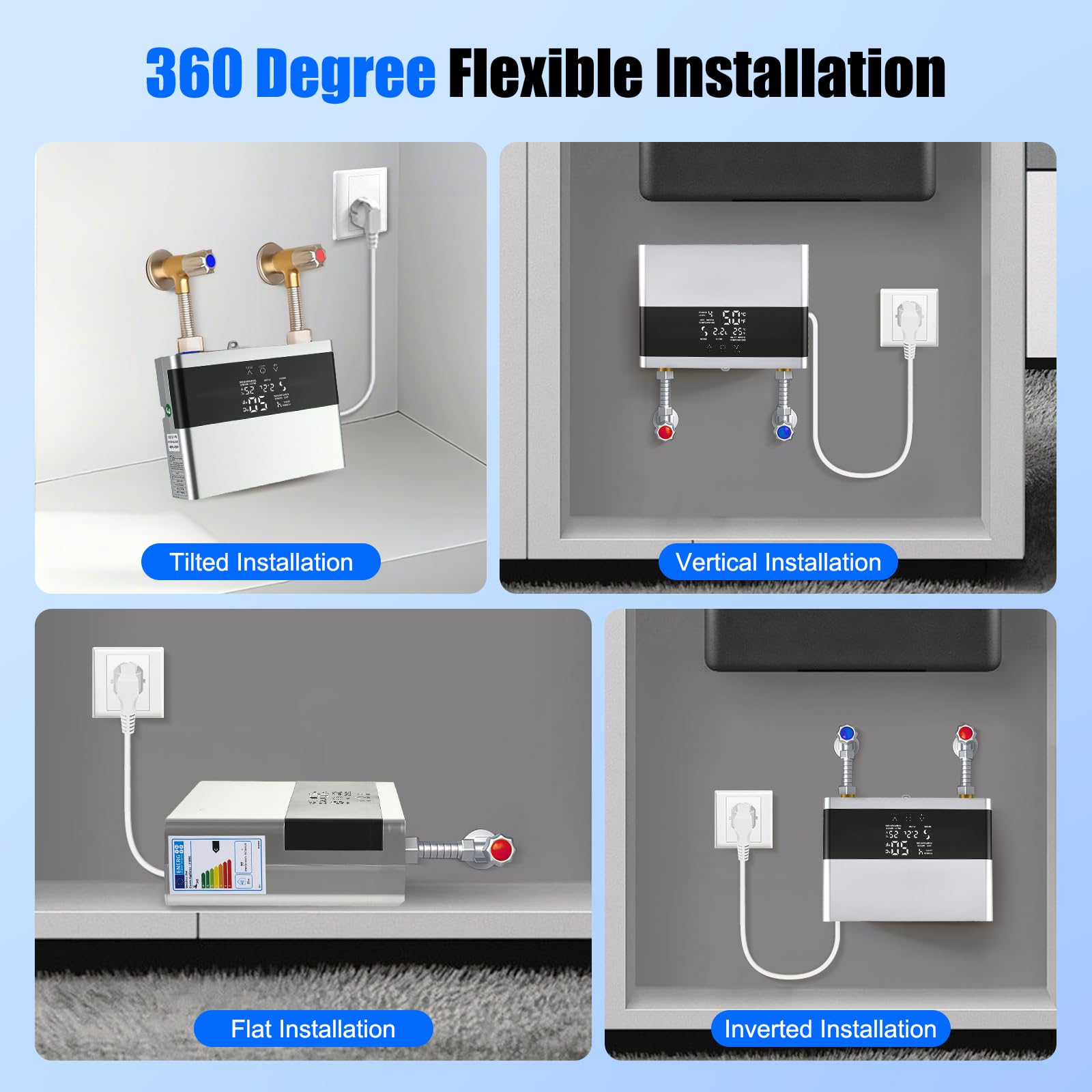 Scaldacqua istantanea da 6000 W, 230 V, con telecomando e display a LED, mini scaldabagno elettrico per doccia e cucina, con soffione doccia, protezione IPX4 per bagno e giardino (argento)