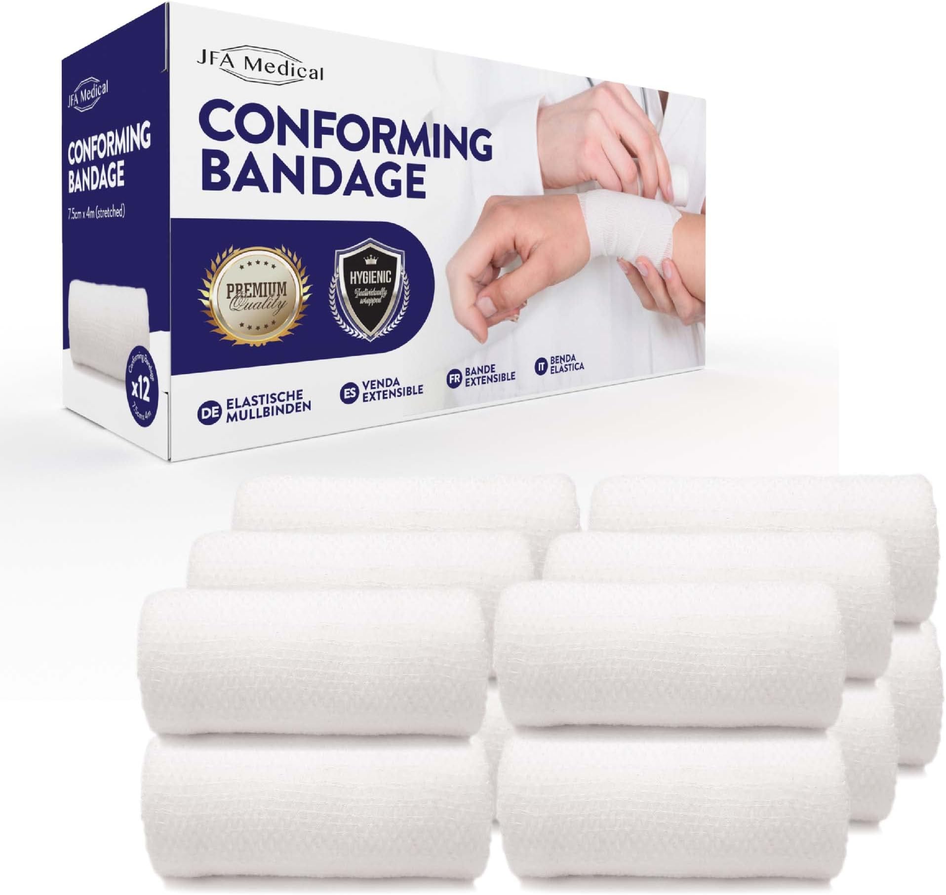 JFA Medical Conforming Bandage, Gauze Bandage Roll 7.5cm x 4m - Pack of 12