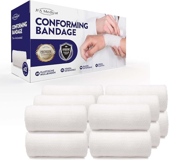 JFA Medical Conforming Bandage, Gauze Bandage Roll 7.5cm x 4m - Pack of 12