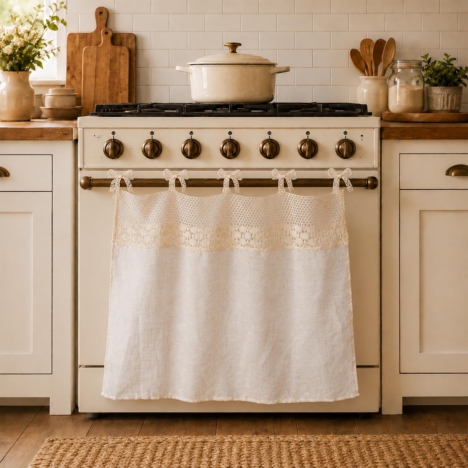 HonorHut Lace Oven Skirt Tie Back Beige Semi-Transparent Curtains