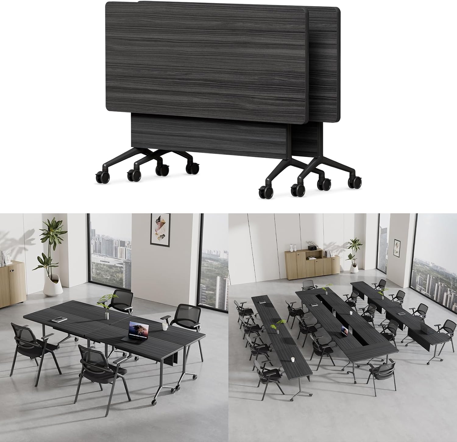 4 Pack Folding Conference Tables with Wheels,70.8in Flip Top Modular Conference Table,Mobile Joinable Conference Tables,Stackable Space-Saving Training Table for Office Classroom Seminar(Black)