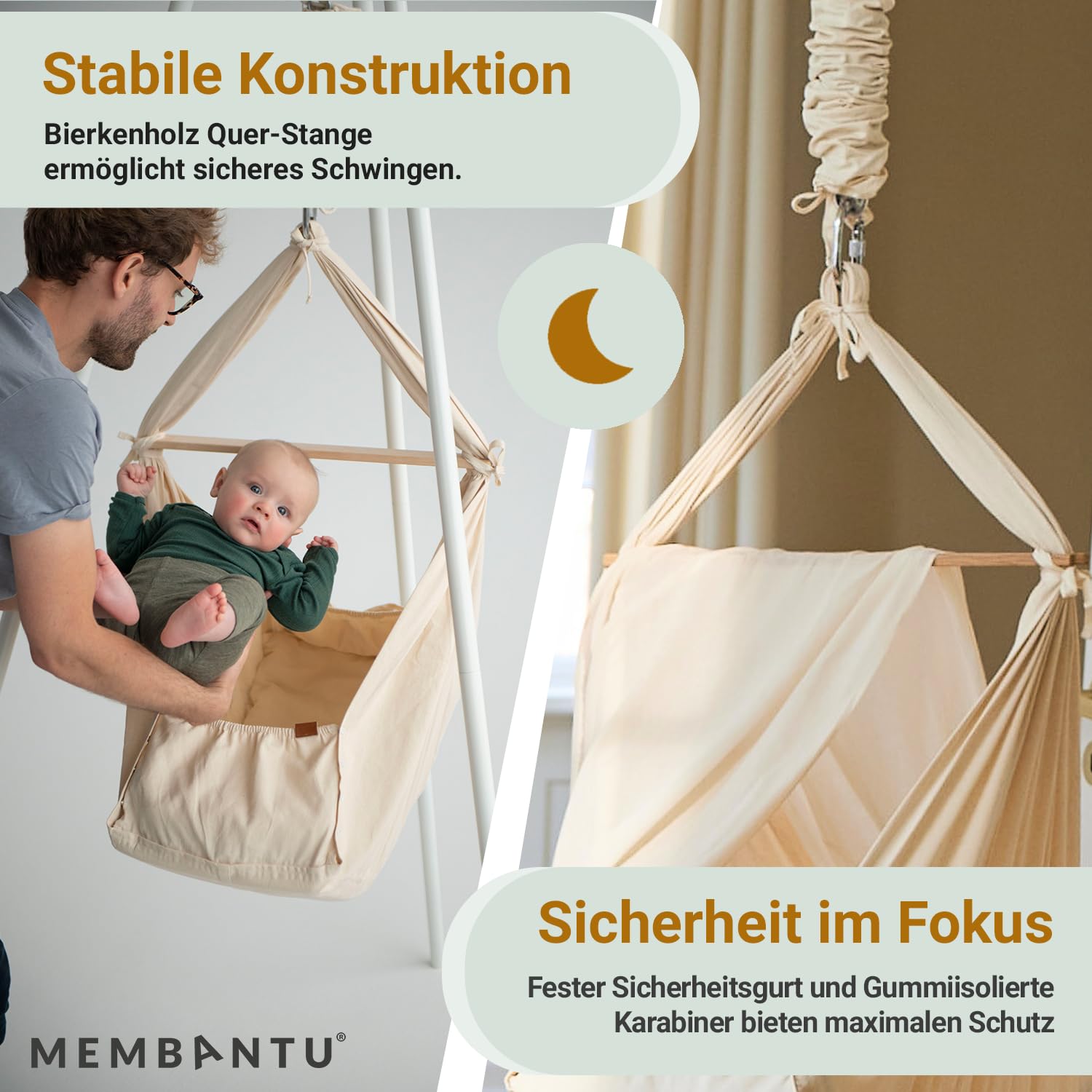 Federwiege Baby inkl. Feder - Baby-Wiege aus Bio-Baumwolle - Baby-Hängematte mit Deckenaufhängung - Baby-Hängewiege Plus Matratze und Baldachin - Baby-Hammock bis max. 15kg - Natur