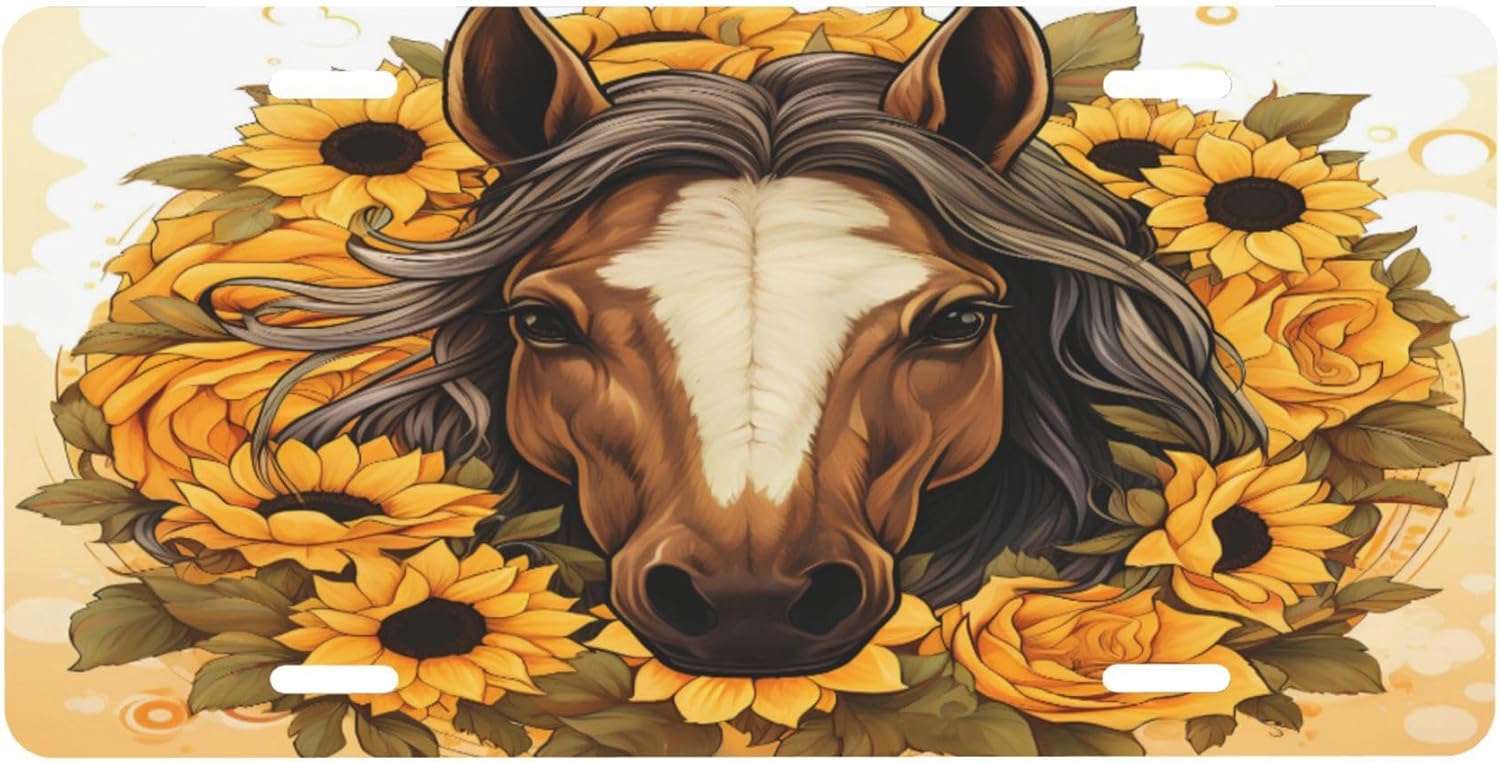 Animal Vintage Horse Flower Front License Plate Car Decor Accessory Aluminum Metal Decorative Car Plate Funny Novelty Vanity Tag with 4 Holes for