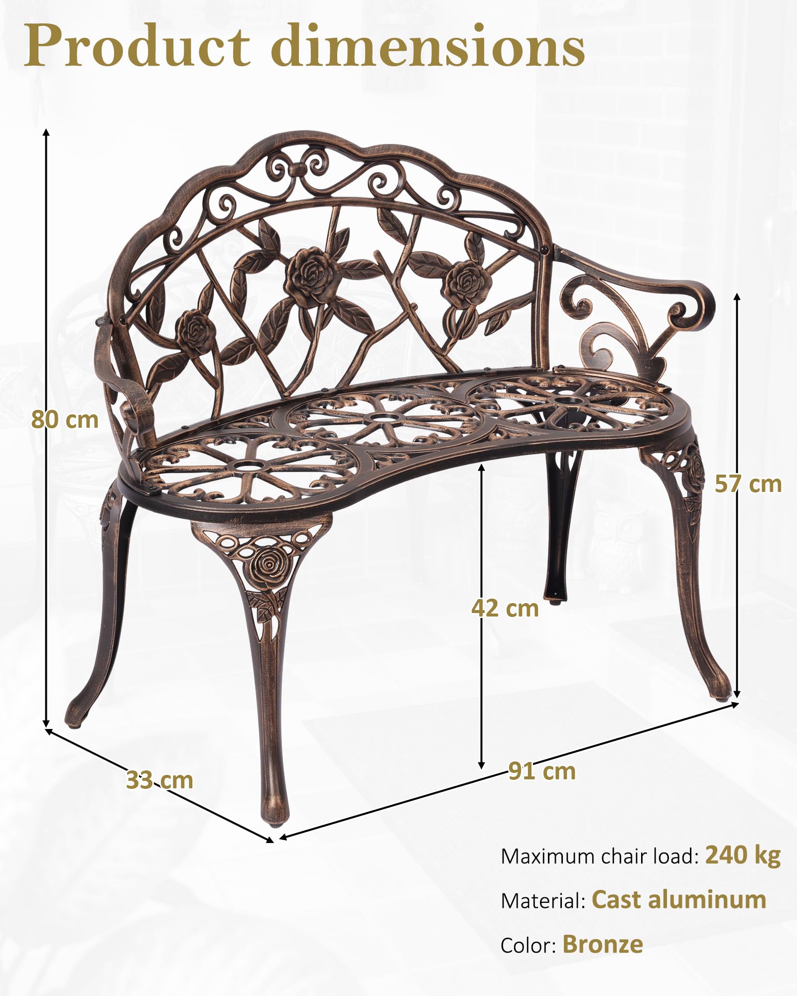 Banc de Jardin 2 Places, Banc d'Extérieur Métal 91cm Style Rétro Bronze avec Dossier Fleuri, Banquette de Jardin Robuste pour Terrasse Balcon Patio Jardin