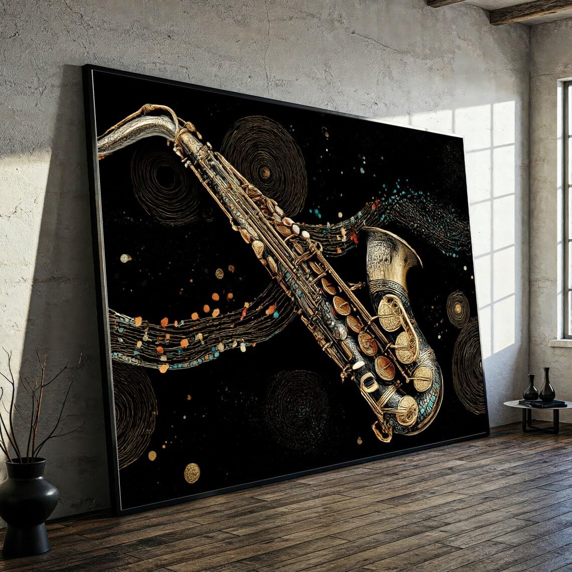Yusuzhu Frameless Golden Saxophone Art, Vintage Canvas, Music Wall Decor, Jazz Instrument Print, Abstract Musical Canvas, Home Room Decor(30X40cm/Frameless)