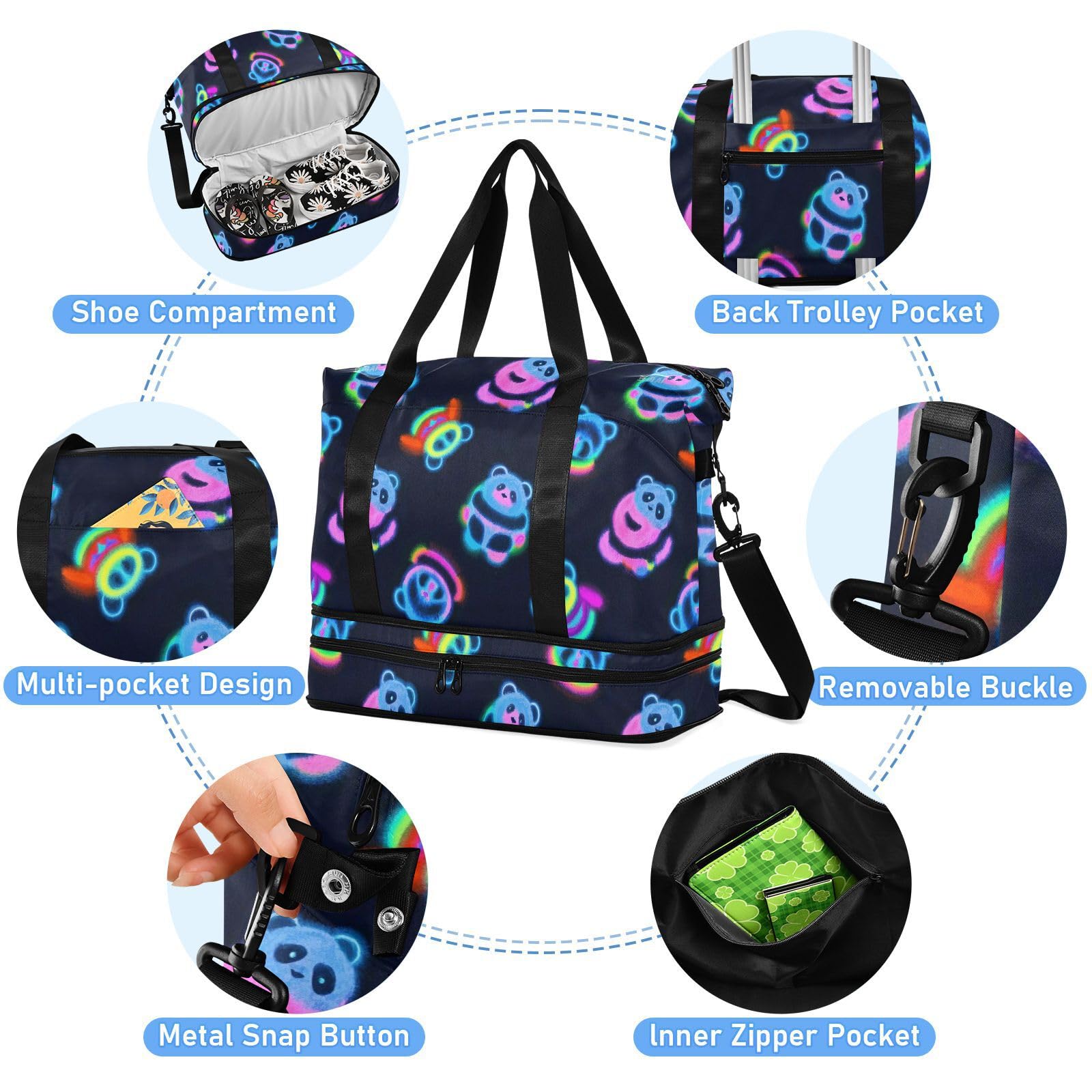 Kreskówka urocza neonowa fluorescencyjna panda torba do noszenia z mokrą kieszenią regulowany pasek siłownia sport noszenie na siłownię wielofunkcyjna dla mężczyzn kobiet