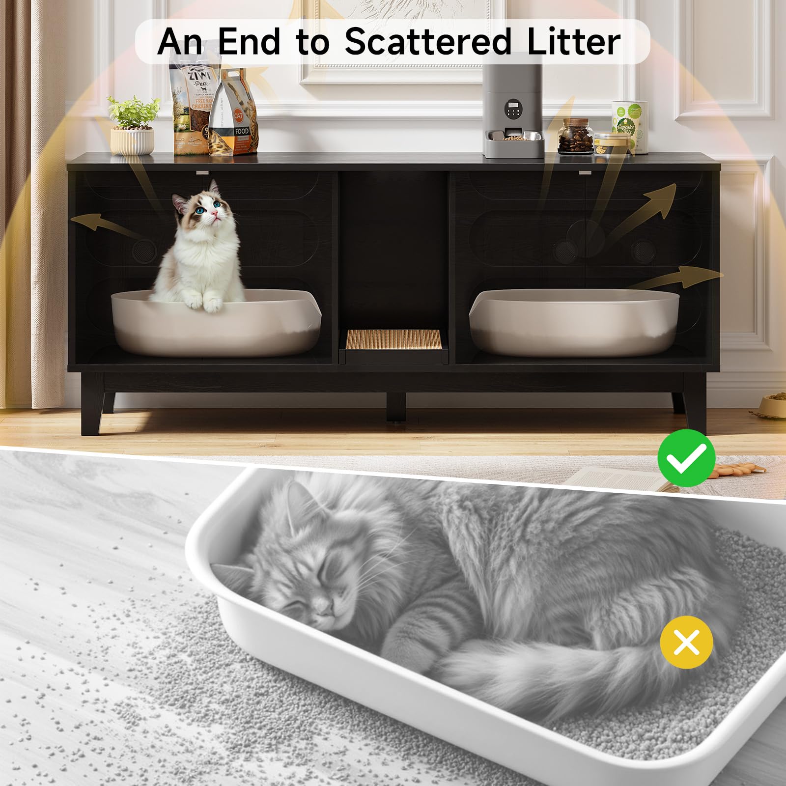 ONBRILL 59 Inches Cat Litter Box Enclosure for 2 Cats, Hidden Litter Boxes Furniture w/Cat Scratch Pad, Modern Large Pet House with Double Room, Wooden TV Stand for Living Room, Black - image 5