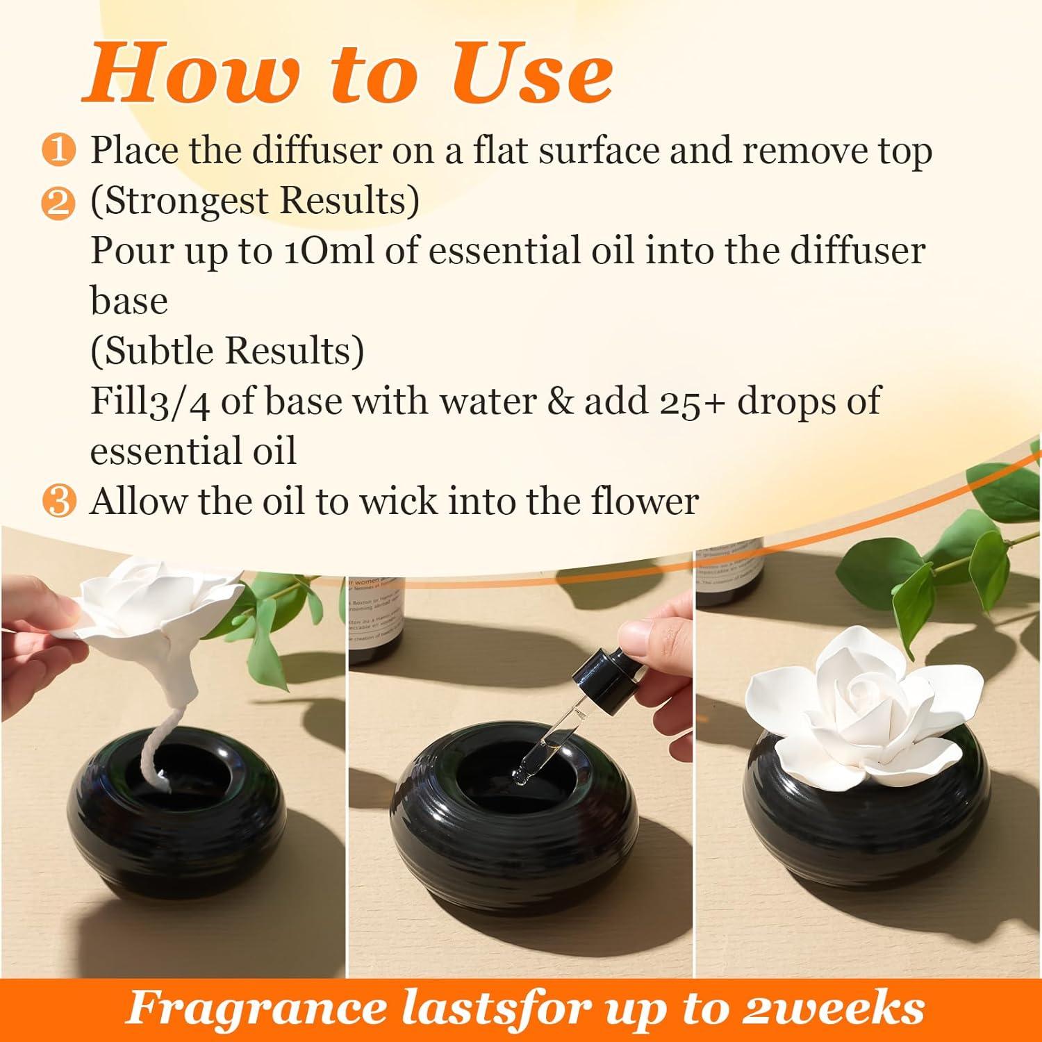 Honeydak 3 Pcs Reedless Ceramic Diffuser Set, Porcelain White Flower Aromatherapy Essential Oil Diffuser for Home Office Bathroom Tabletop Decor, Non-Electric, Valentines Day Gift (Camellia)