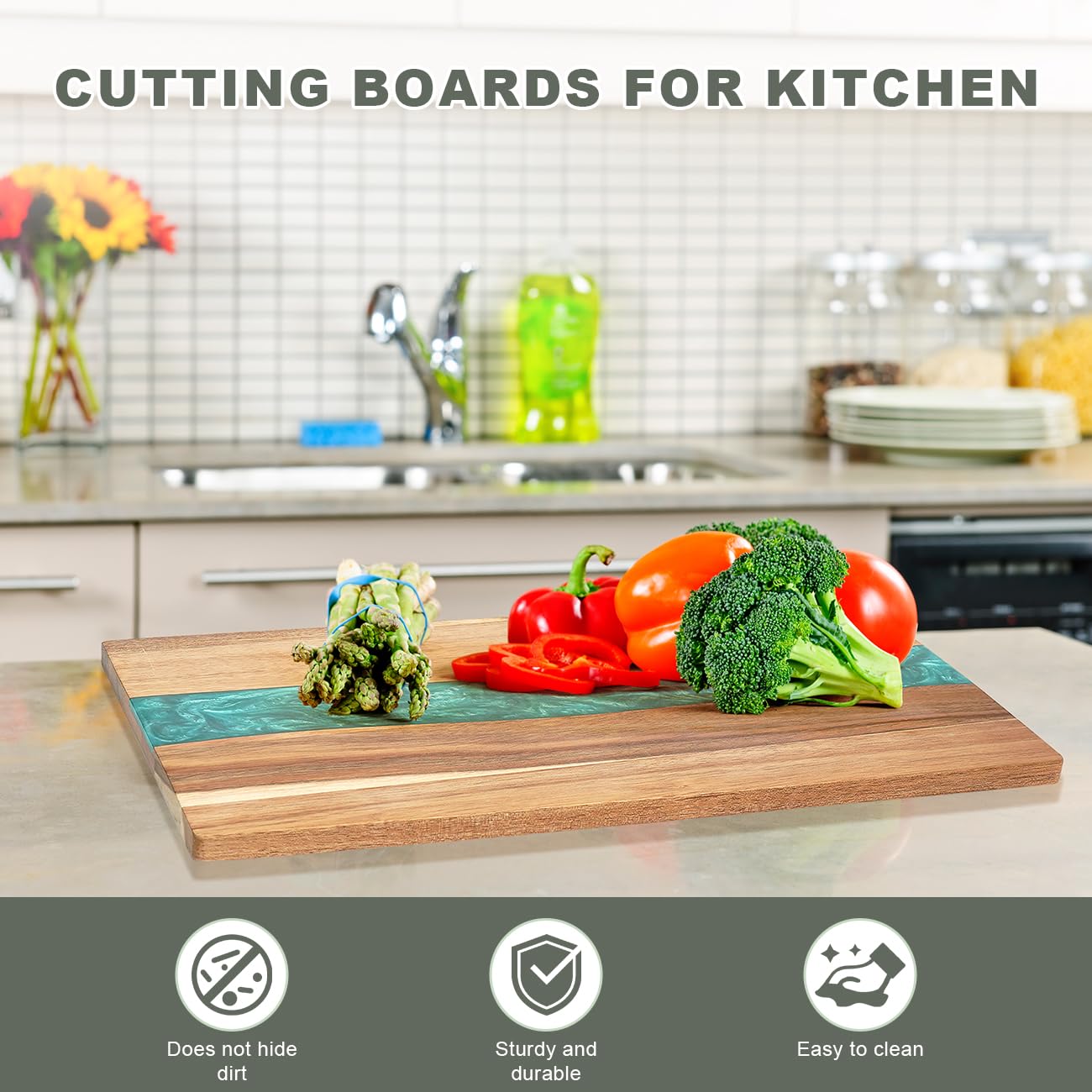 Planche à découper en bois d'acacia avec motif vague en résine – Planche à découper de cuisine pour viande, légumes, fruits et fromage – Plateau de service en bois époxy – 45,7 x 22,9 cm