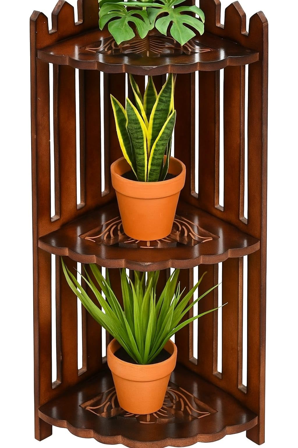 MBN Crafts Wooden Mini Corner Stand and Shelf Table Side Wall Home Furniture Corner Rack with 3 Shelves, Curved and Side Corner for Home Décor, Foldable, MDF Wood (Size L 8.50 in W 8.50 in H 25 in)-image-36