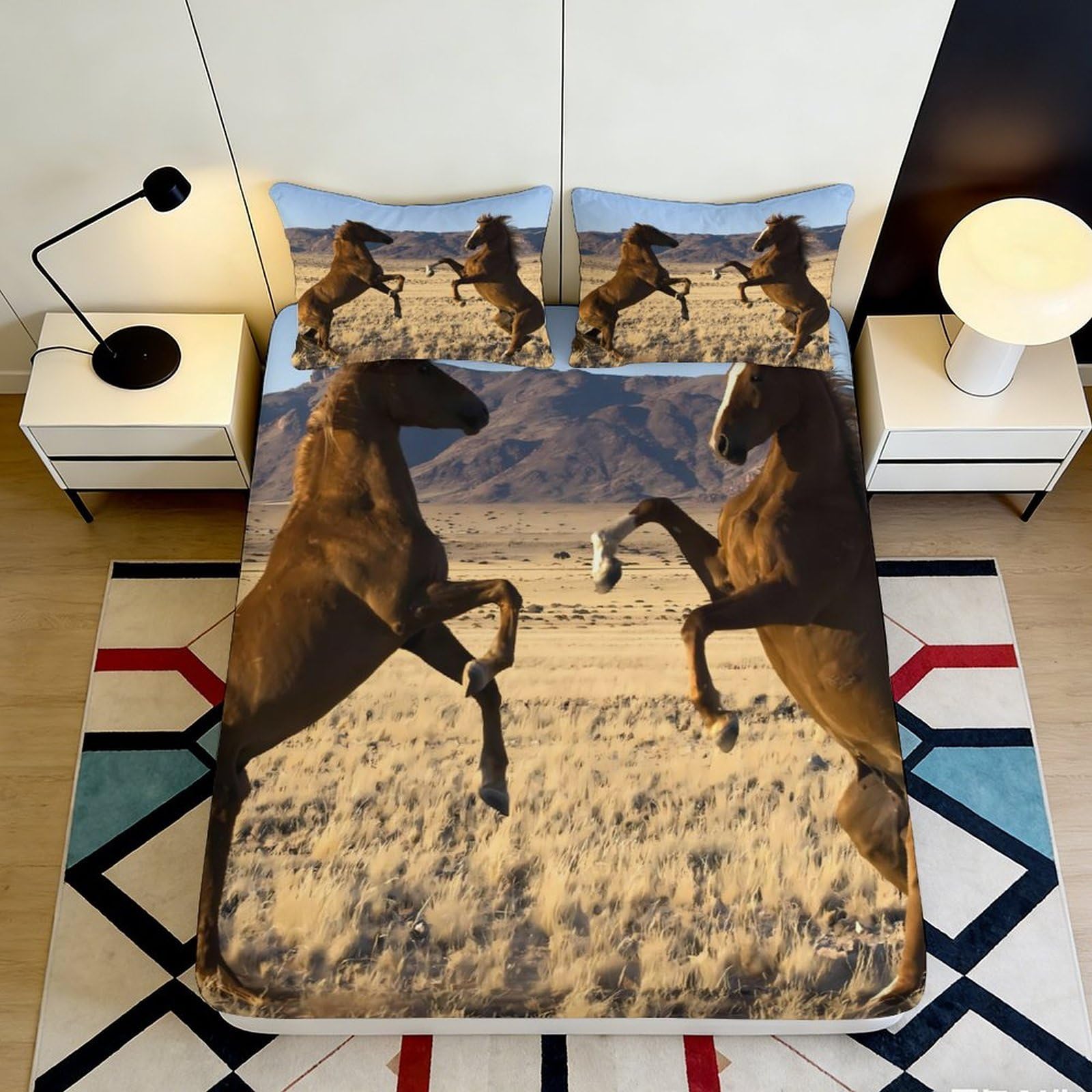Dhbaneiok Style-2 3D Printed Wild Horse Fitted Sheet Microfiber Soft Breathable Desert Landscape Mattress Cover For Bedroom Dorm Decor 90X200x25cm