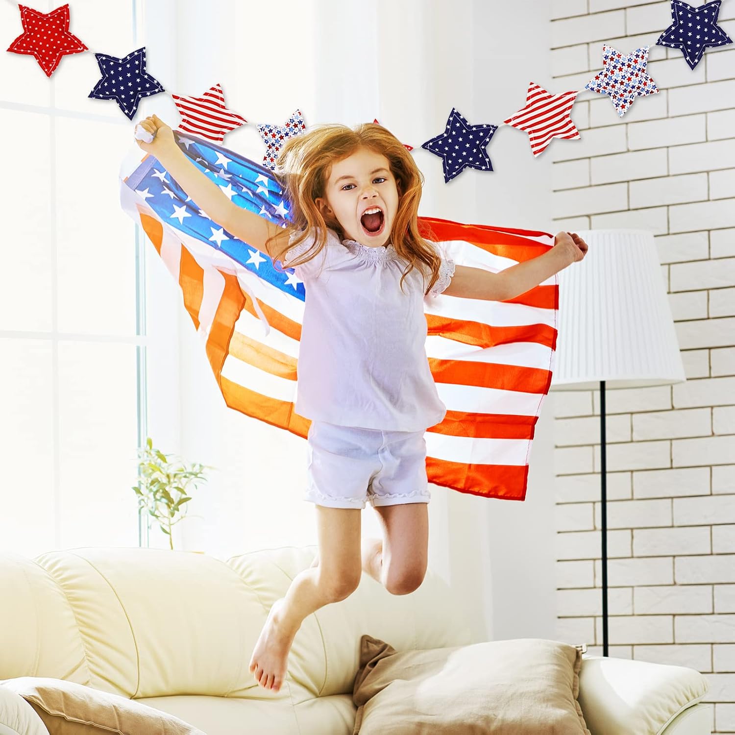 Whaline Patriotic Star Banner 3D Red Blue Star Garland Pre-Assembled 4th of July Fabric Banner Holiday Hanging Decorations for Independence Day Memorial Day Party Supplies Home Decor