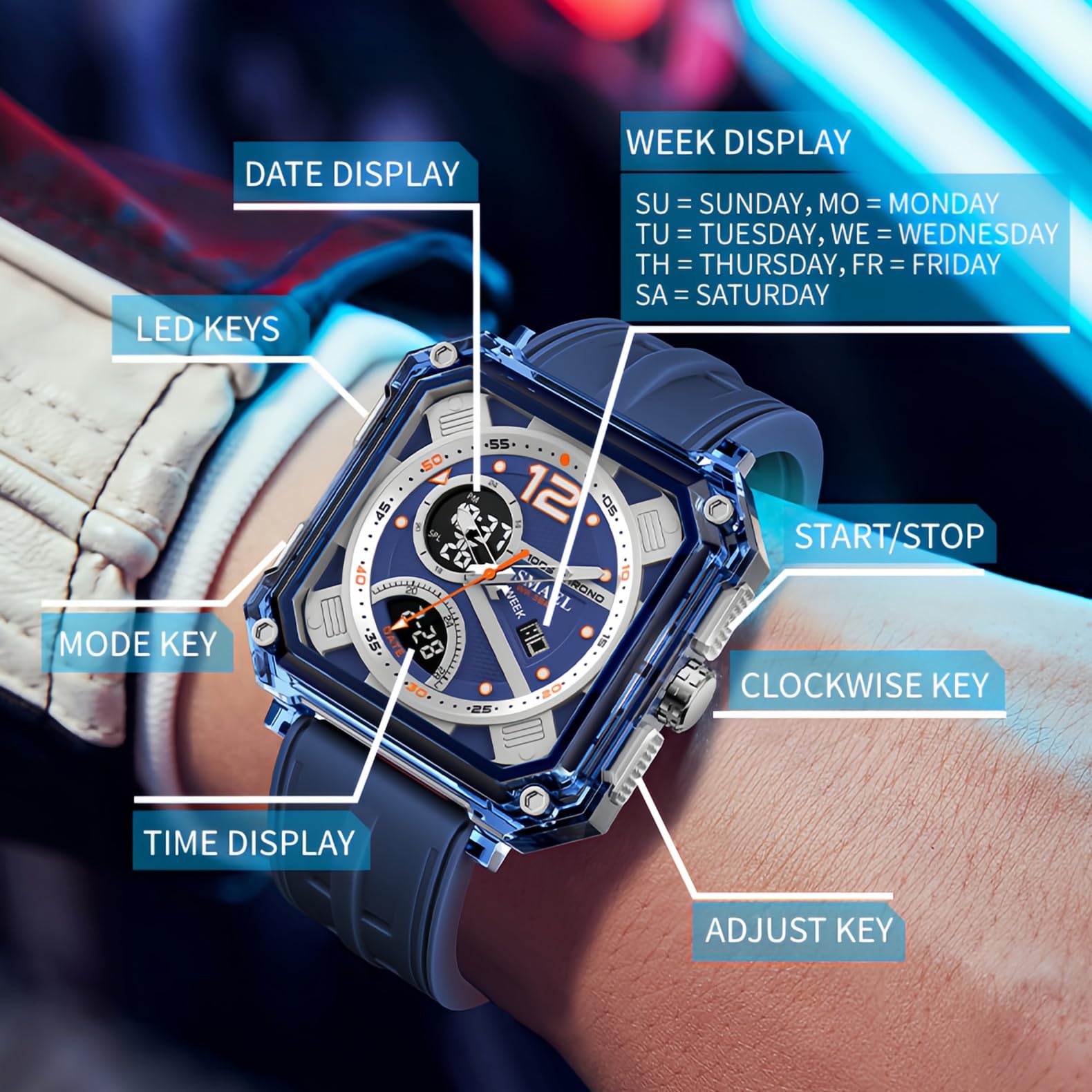 CARLIEN Orologio digitale quadrato trasparente da uomo impermeabile 50M