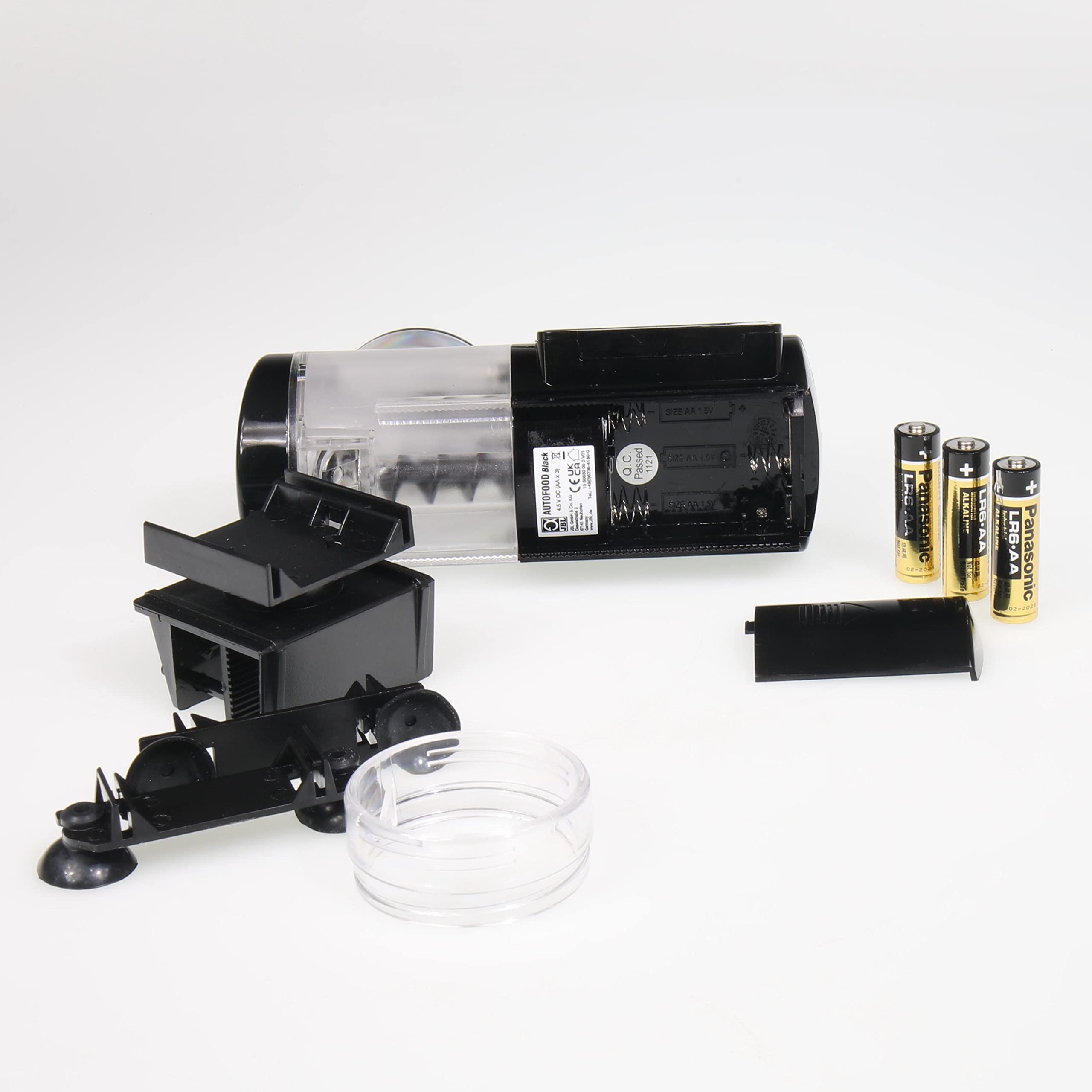 JBL PRONOVO AUTOFOOD, Futterautomat für Aquarium, Fütterung mit Fischfutter-Granulat bis zu 4x täglich, Inkl. Halterung und Adapterring zur Erweiterung des Volumens auf 375 ml, Schwarz