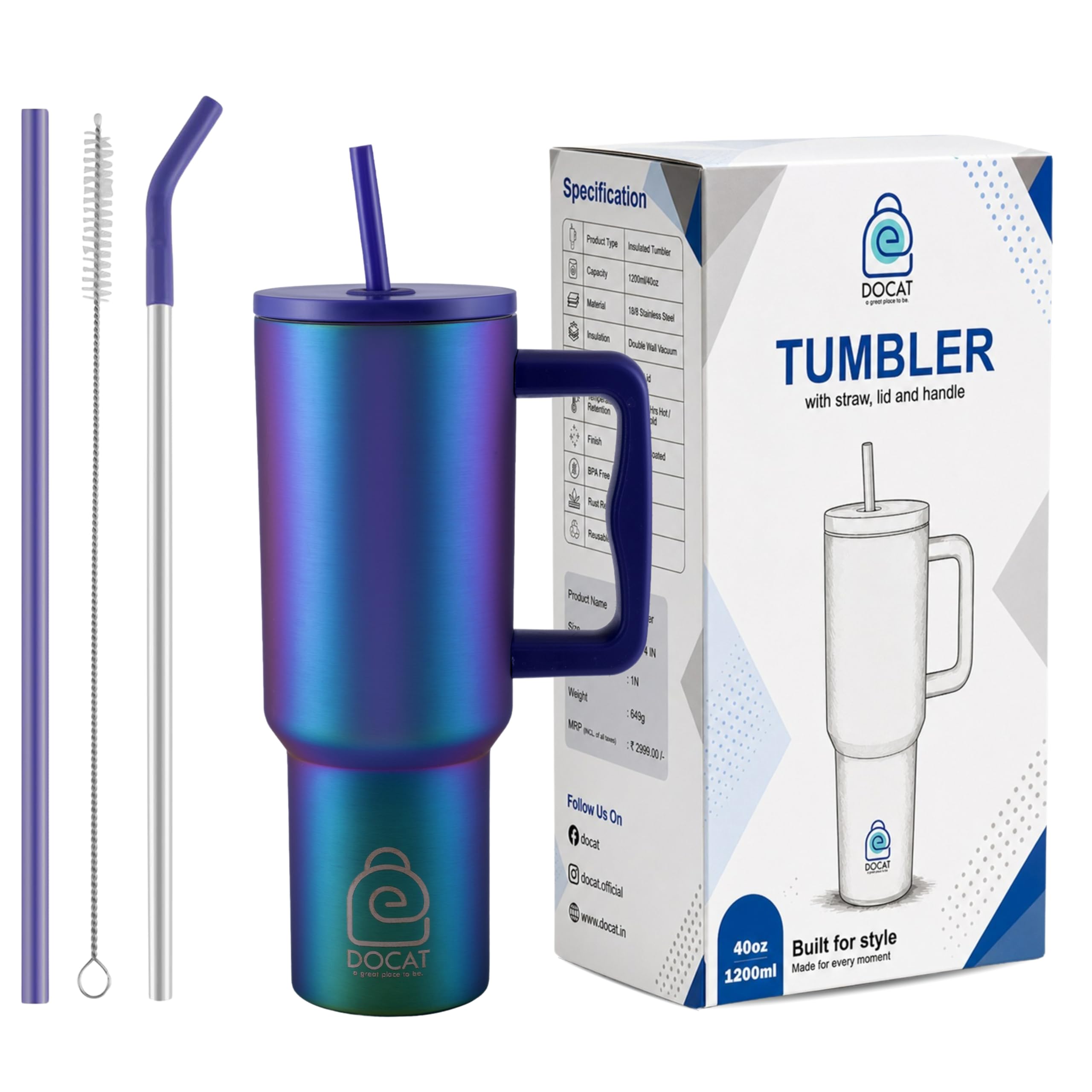DOCAT 1200ML Stainless Steel Tumbler with Lid and Straw, Hot and Cold Double Insulated Sipper Mug, 100% Leak Proof Coffee Tumbler Cupholder for Office, Gym, Travelling (Aurora Prism)
