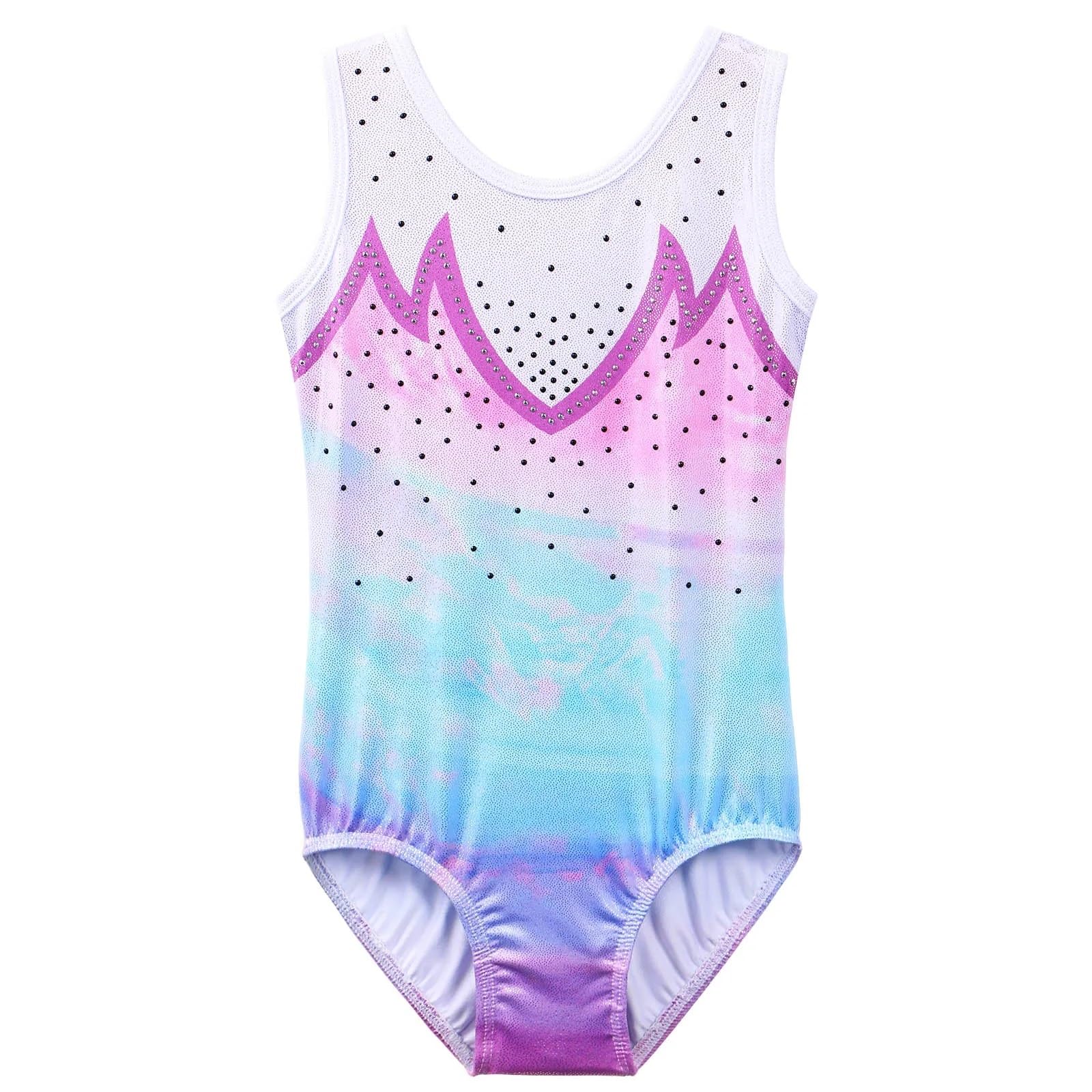 Maillot Gimnasia Ritmica Leotardo de Gimnasia for niñas, Ropa de Baile de Ballet de Color Degradado for Adolescentes, Mono de Lentejuelas sin Mangas, Traje de práctica, Mono(B278 Galaxy,12A)