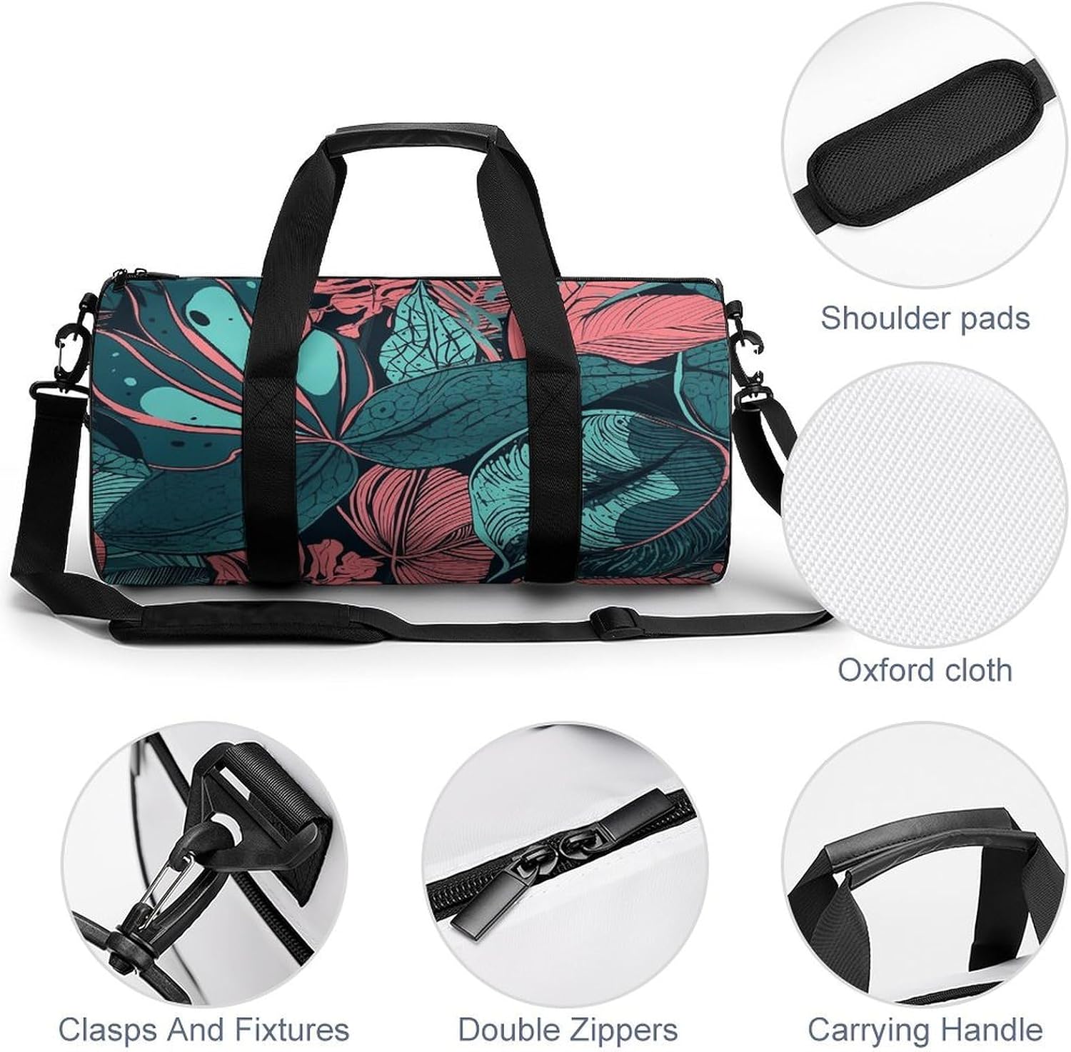 Hand Drawn Tropical Leaves Gym Bag Hand-held Fitness Bags Cylindrical Fitness Bag with Shoe Large Compartment Duffle Bags for Travel Sports Unisex image 5