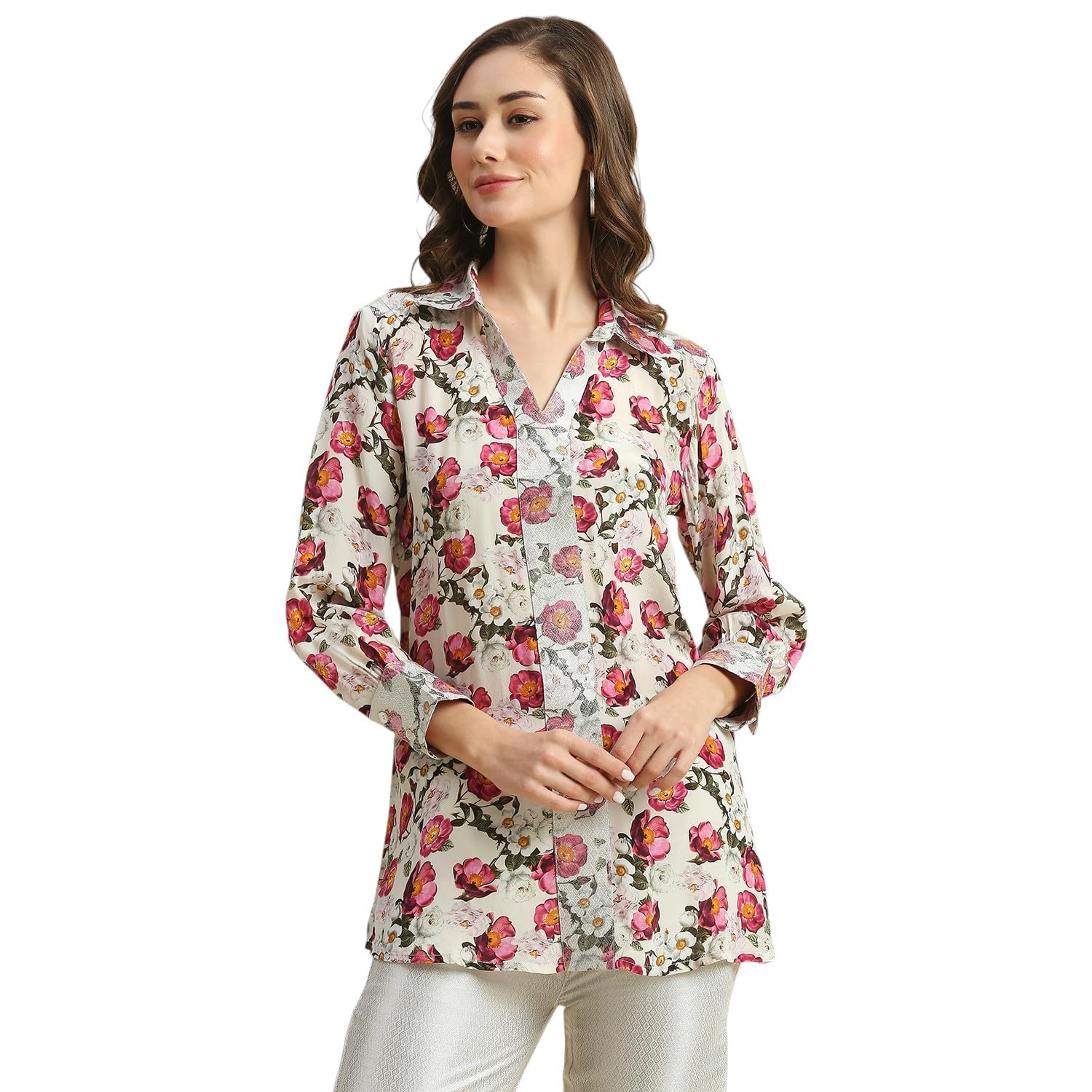 Women's || Off-White Pink Floral Printed Top with Brocade Trims || Viscose Material || Top for Women || Short Kaftan-image-3