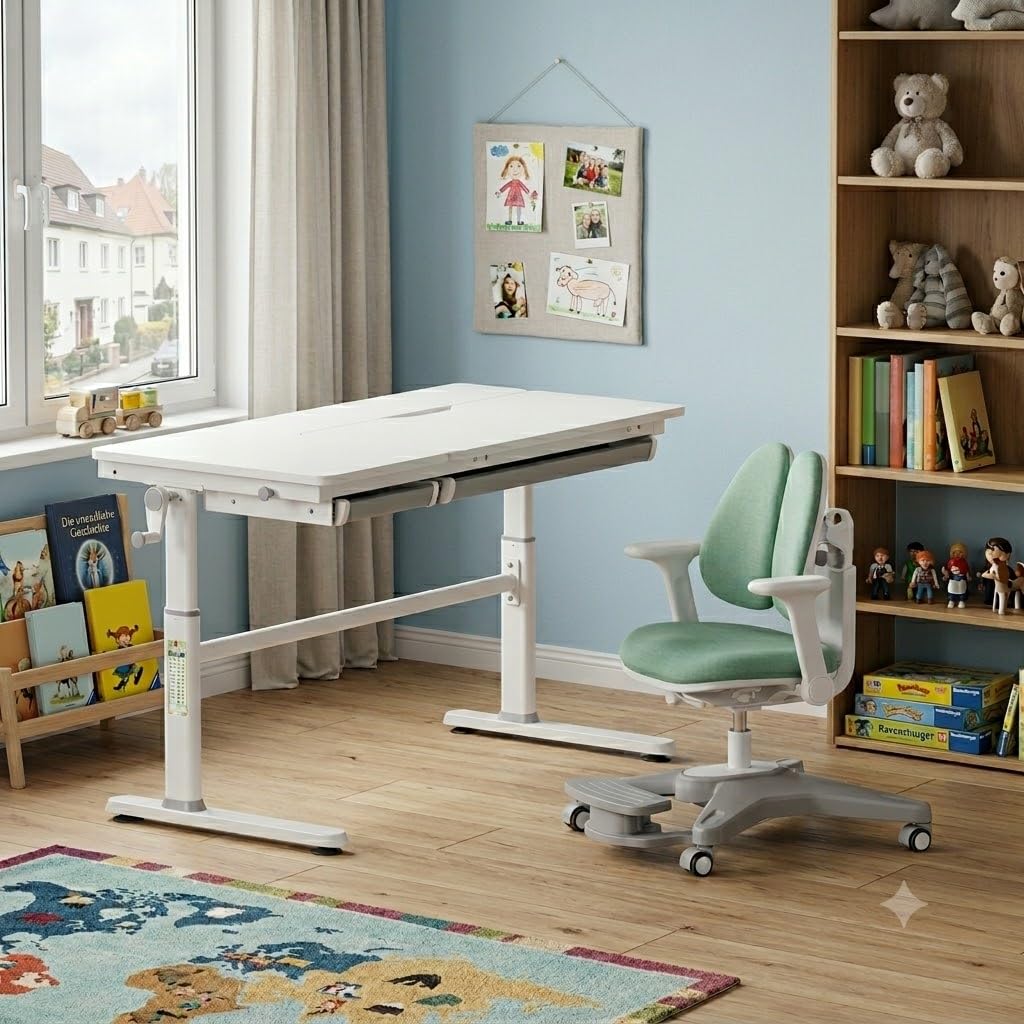 HOKO Kinderschreibtischstuhl höhenverstellbar, vielseitig verstellbar | Schmetterlingslehne, klappbare Armlehnen, höhenverstellbare, abnehmbare Fußstütze, selbstsperrende Rollen, Grün, ANTON