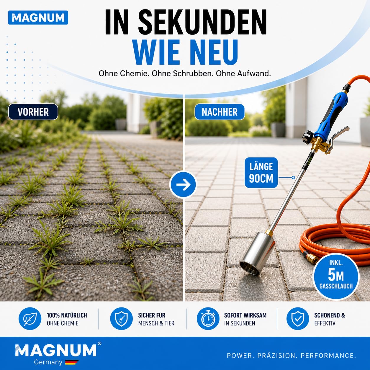 Magnum® Unkrautbrenner 1850°C [Extra starke Hitze] – Abflammgerät aus Edelstahl mit regulierbarer Flamme – Gasbrenner für effektive Unkrautentfernung inkl. Gasschlauch
