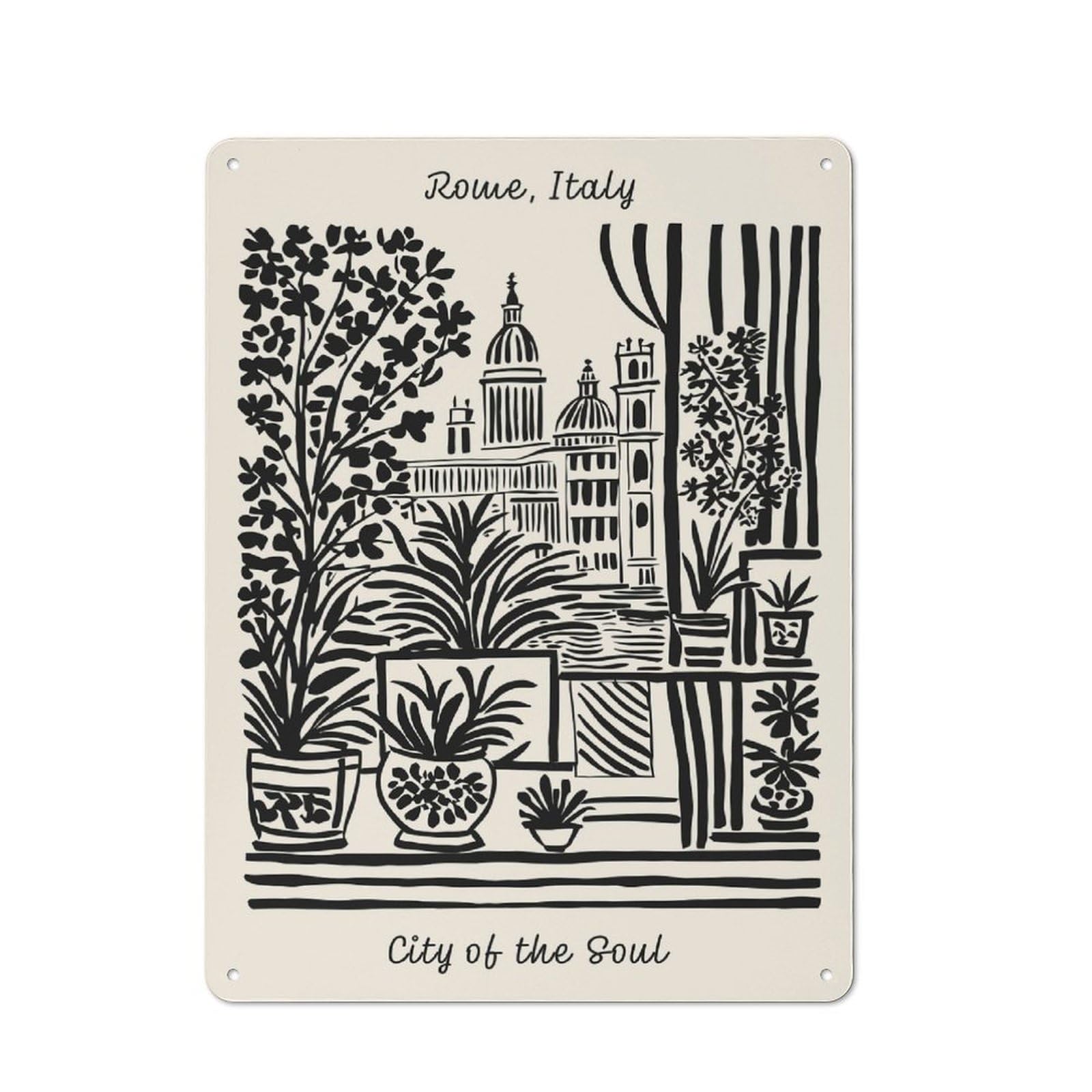 Rome Cityscape with Plants Vintage Metal Wall Decor 40x30cm, Tin Sign for Cafe, Pub, Workshop Or Home Bar, Small Accent for Blank Walls