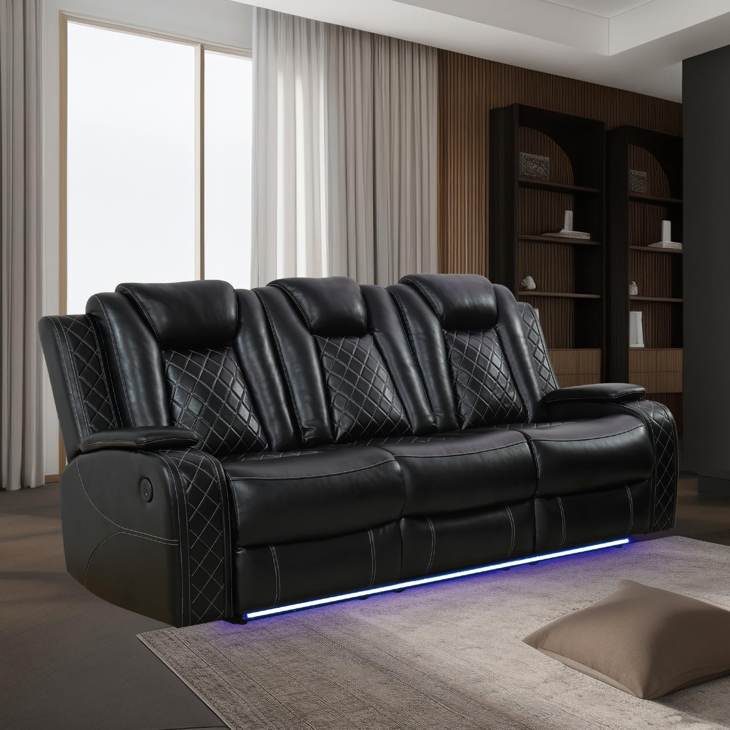 Power Leather Recliner Sofa with LED Light,84" Double Reclining Couch with Drop Down Table/USB Port/Storage Armrest,3 Seater Leather Couch for Living Room Furniture(Black,3 Seater Sofa)