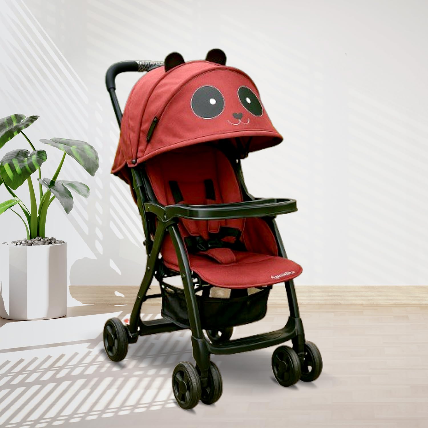 ANGELS & MICE, Panda, Baby Stroller/Pram | 3 Point Safety Harness | 300 D OXFORD Fabric | Spacious Cushioned seat with Multi Level seat Recline | Movable Footrest | Extendable Canopy | Multiple Storage | Detachable Tray| Easy Fold | Lightweight Stroller for 0 to 3 Years |Red-image-25