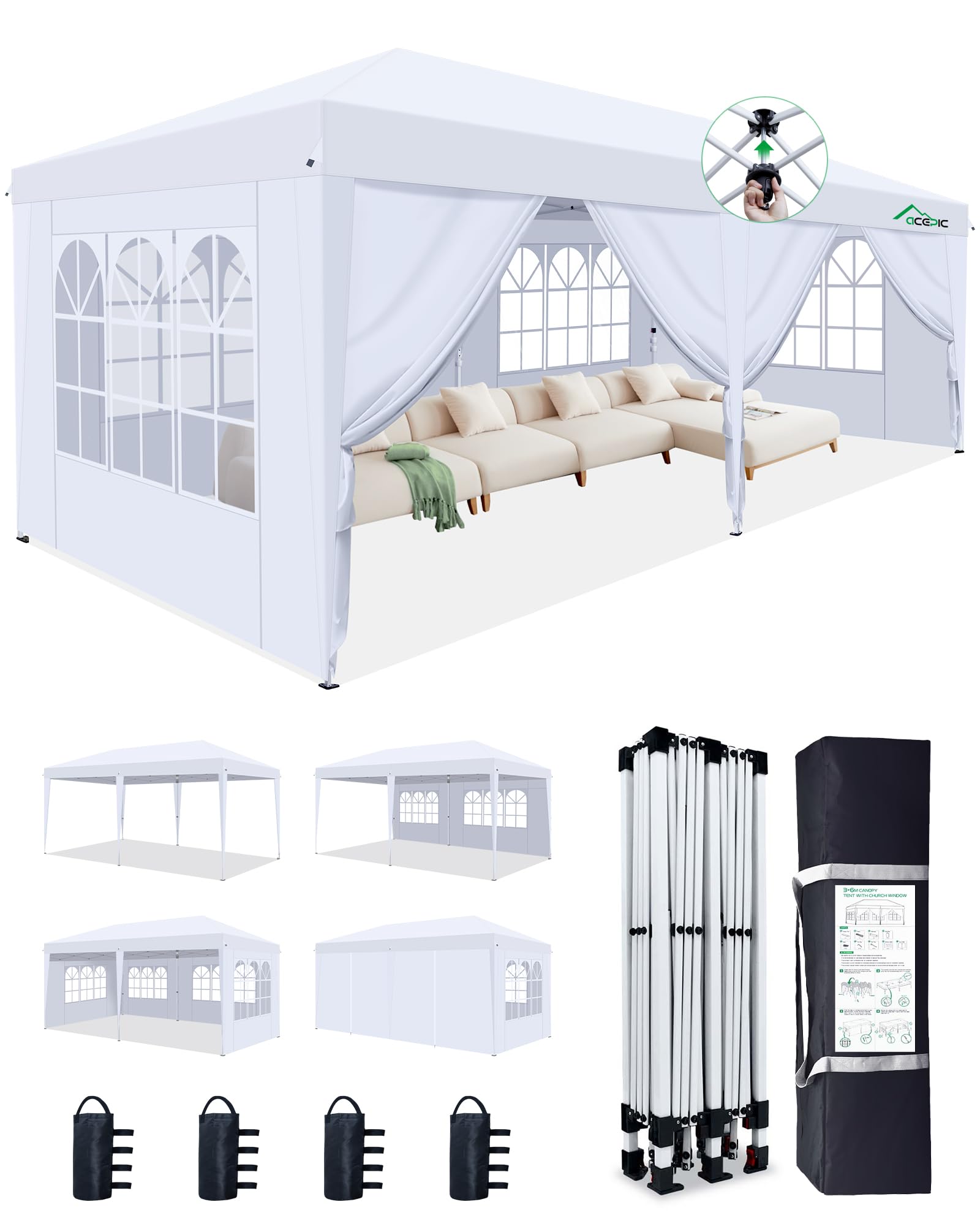 Acepic One-Touch Pop Up Pavillon 3x3 Wasserdicht Stabil Winterfest mit Seitenteile, Pop-Up Faltpavillon mit Schnellem Aufbau, Gartenzelt für Camping, Strand, Party und Flohmarkt, 3x3m, Weiß