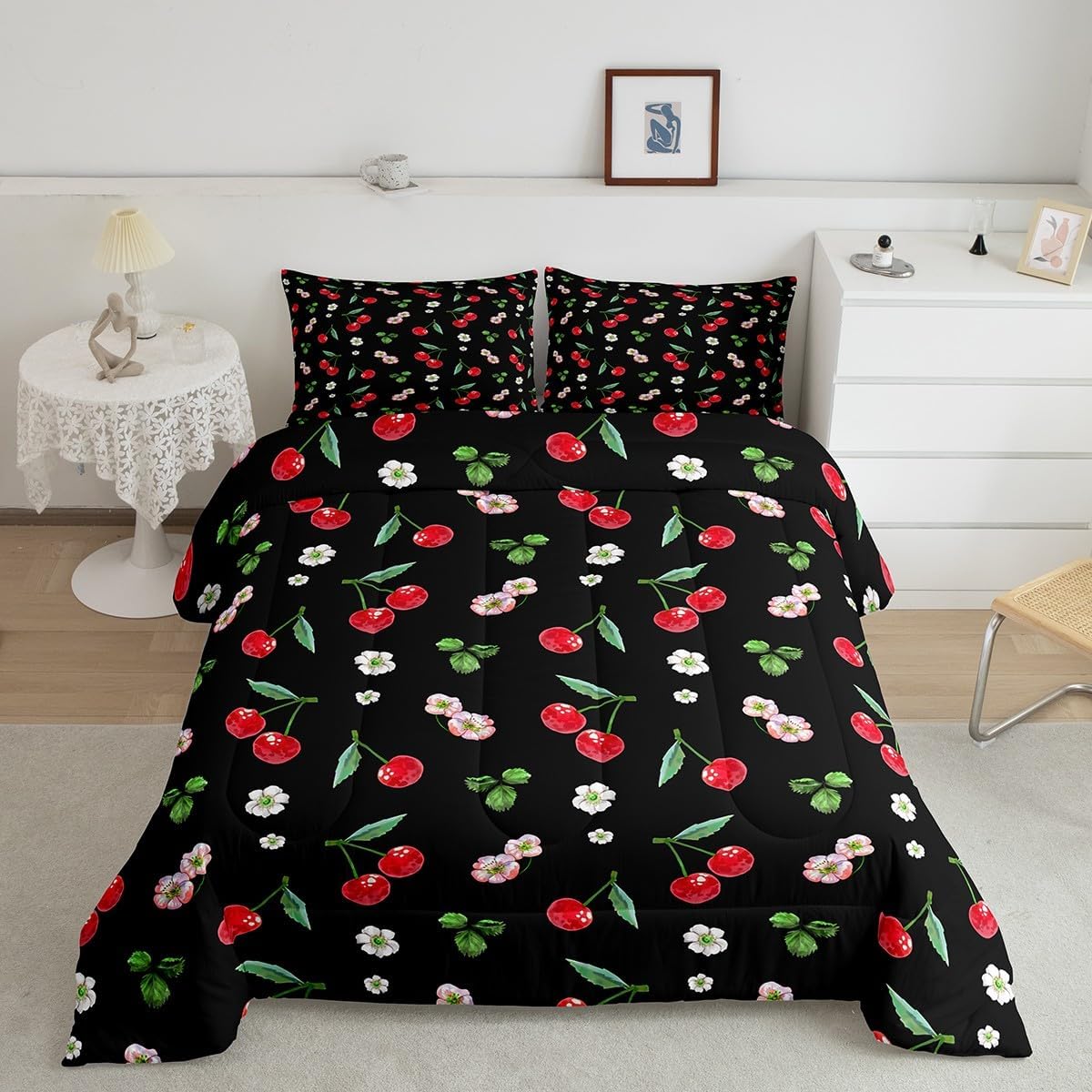 Feelyou Kids Red Cherry Comforter Set Queen Size, Cute Fruit Comforter Boys Girls Dreamy Princess Bedding Set Colorful Floral Teens Duvet Set Bedroom Decor with 2 Pillow Case