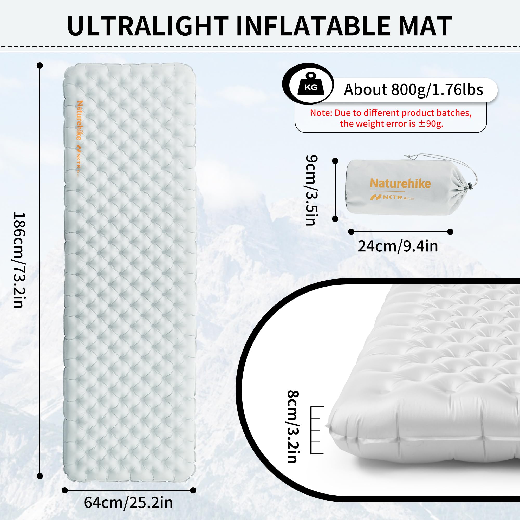 Naturehike Zelfopblazende Isolatiemat R-Waarde 3.2 - Opblaasbare Campingmat 196x64x8 Cm